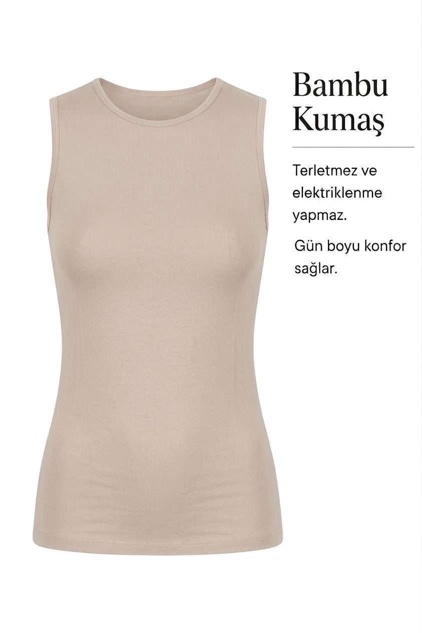Bambu Sifir Kol Bisiklet Yaka Atlet-Bej