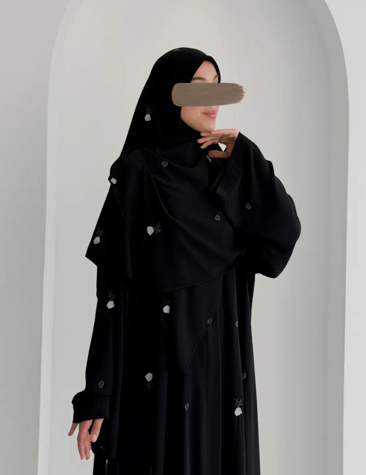 Gülce Nakışlı Abaya+Şal-Gül Rokoko Siyah