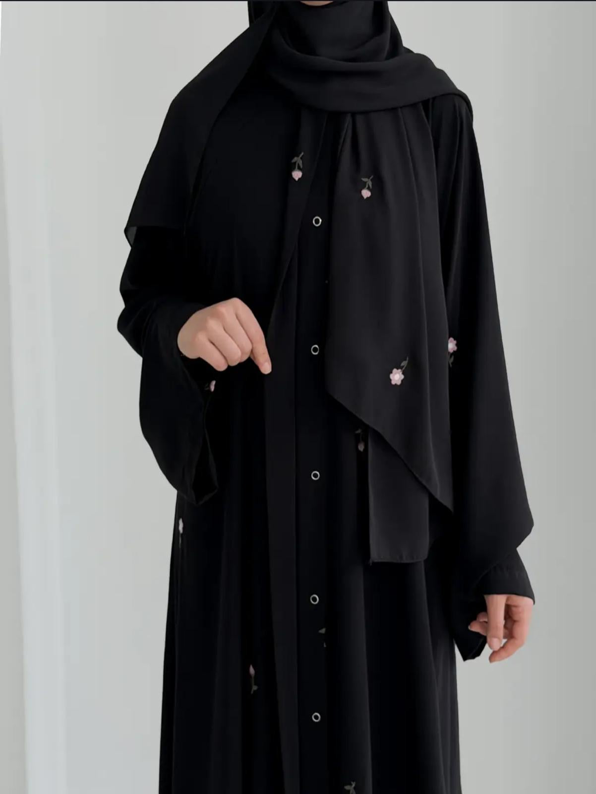 Gülce Nakışlı Abaya+Şal-Lale Siyah