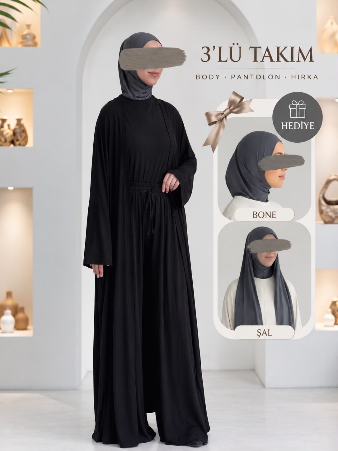 3 lü Bambu Viskon Takım Siyah+Bambu Form Boneli Şal ÖN SİPARİŞ ÜRÜNÜMÜZDÜR