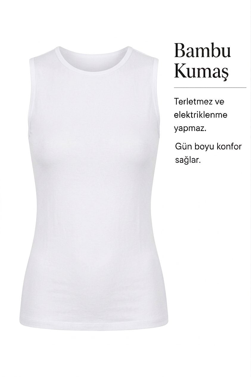 Bambu Sifir Kol Bisiket Yaka Atlet-Beyaz