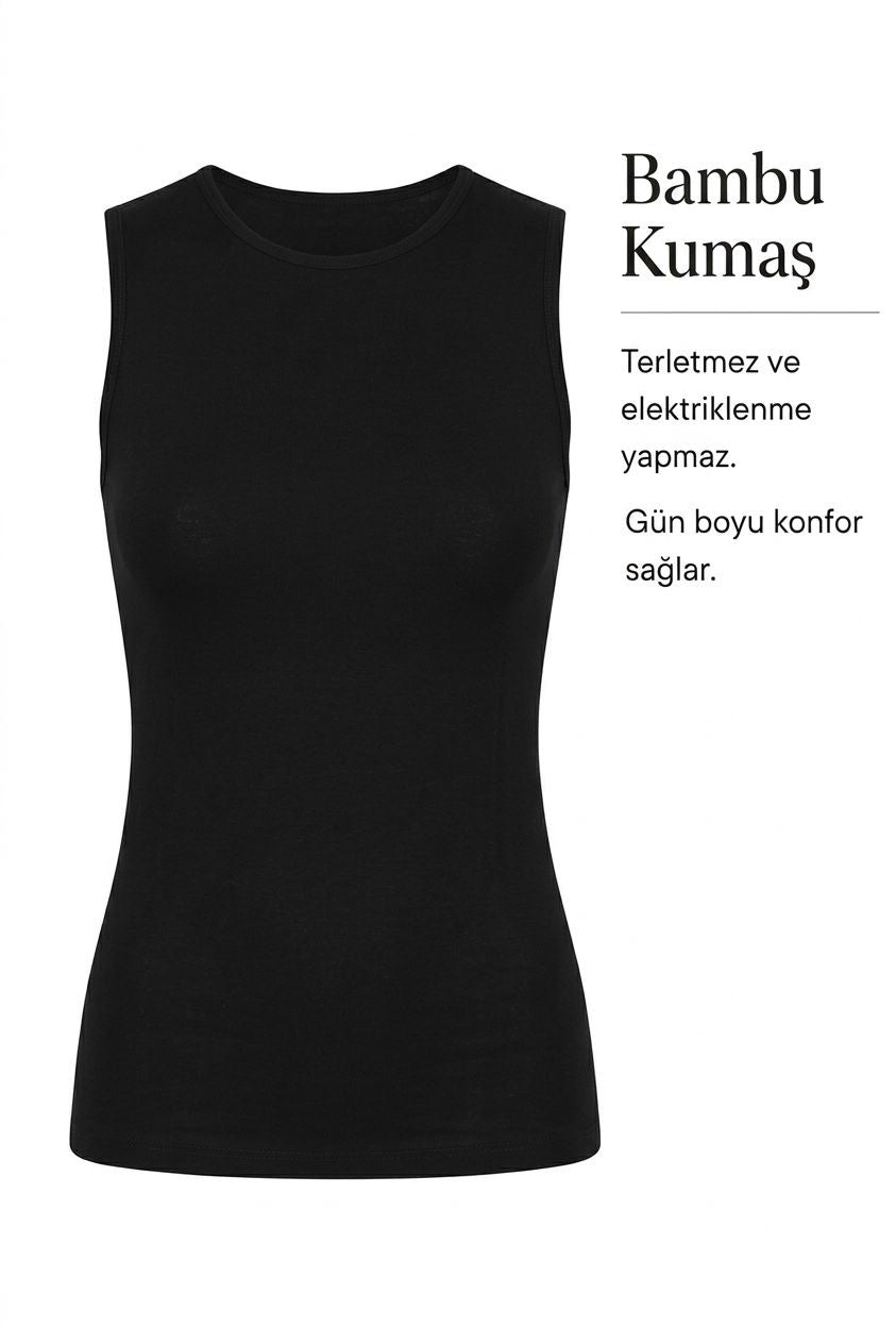 Bambu Sifir Kol Bisiklet Yaka Atlet-Siyah