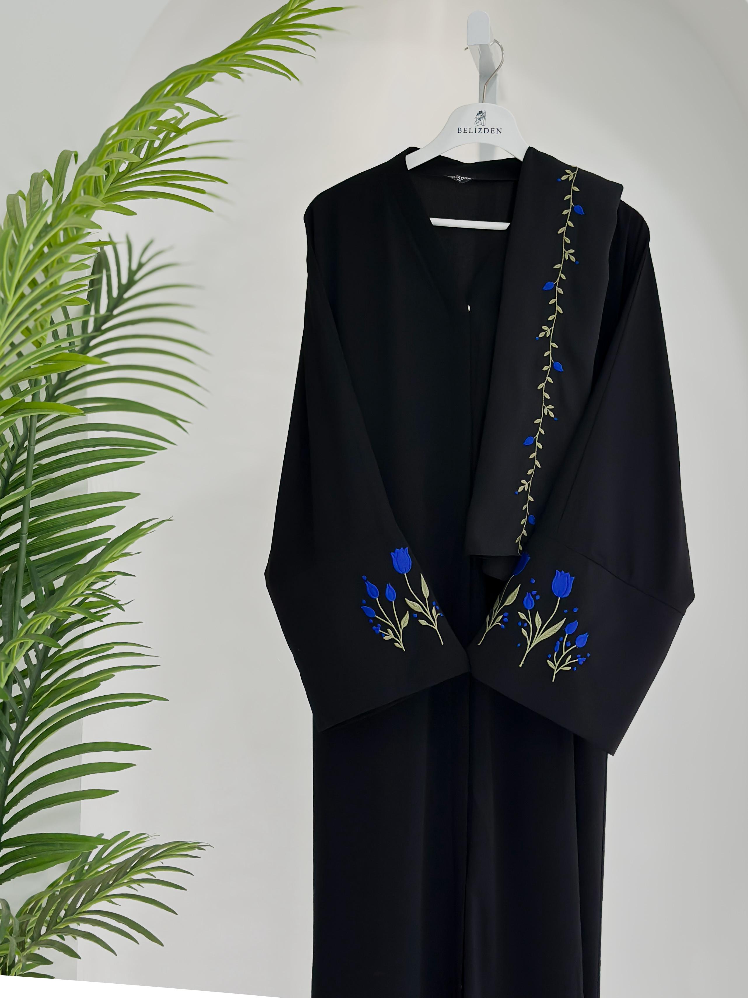 Lale Nakışlı Abaya +Şal Saks Mavisi