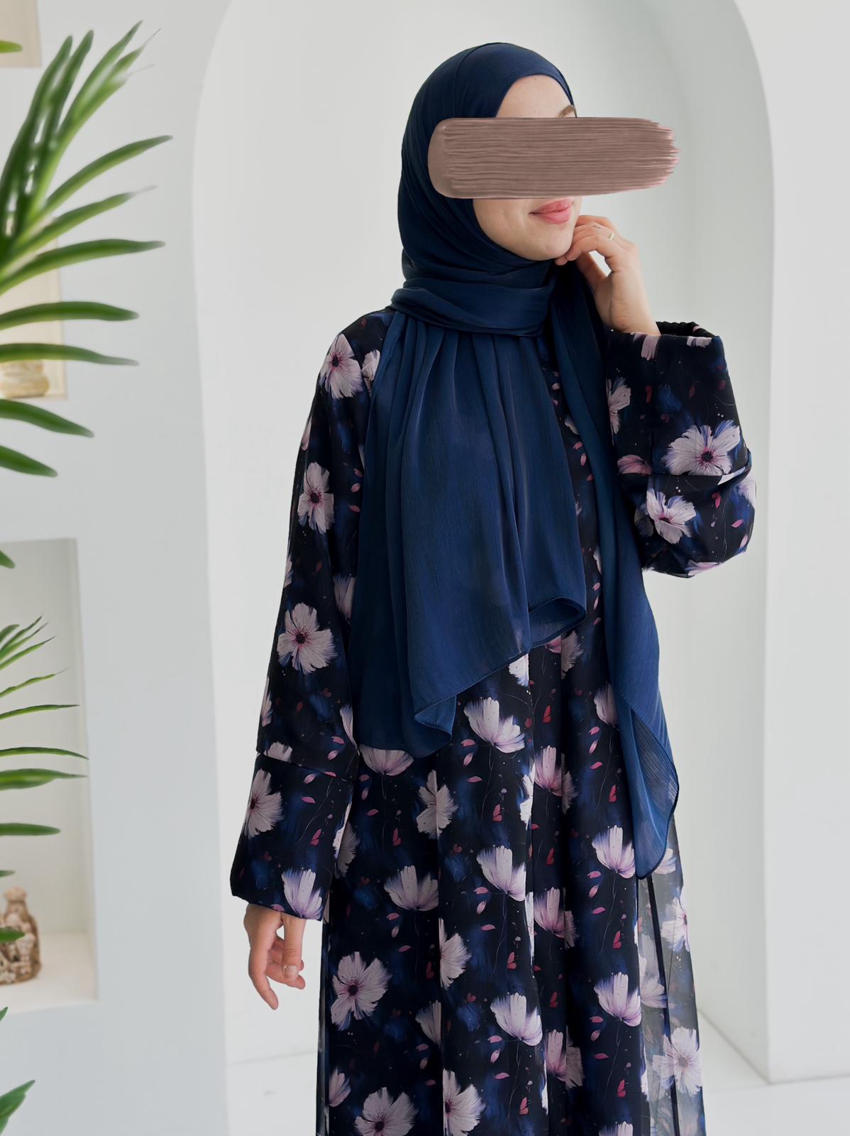 Şifon Desenli Tek Abaya+Şal +Düz Şal Lacivert ÖN SİPARİŞ ÜRÜNÜMÜZDÜR