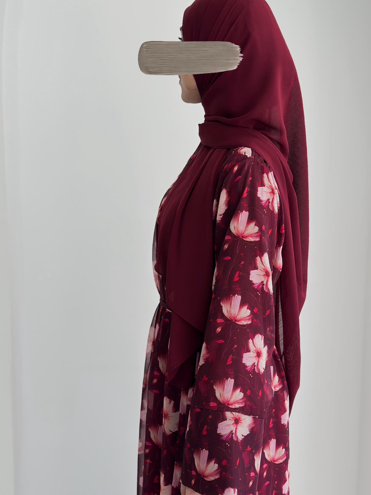 Şifon Desenli Abaya +Şal +Düz Şal Bordo ÖN SİPARİŞ ÜRÜNÜMÜZDÜR