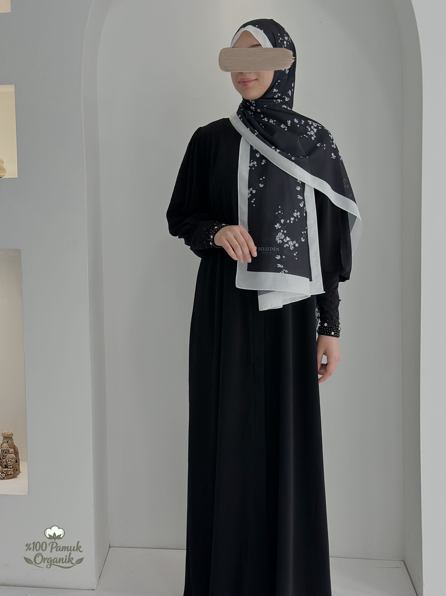 Tomurcuk Desen Organik Şal Siyah