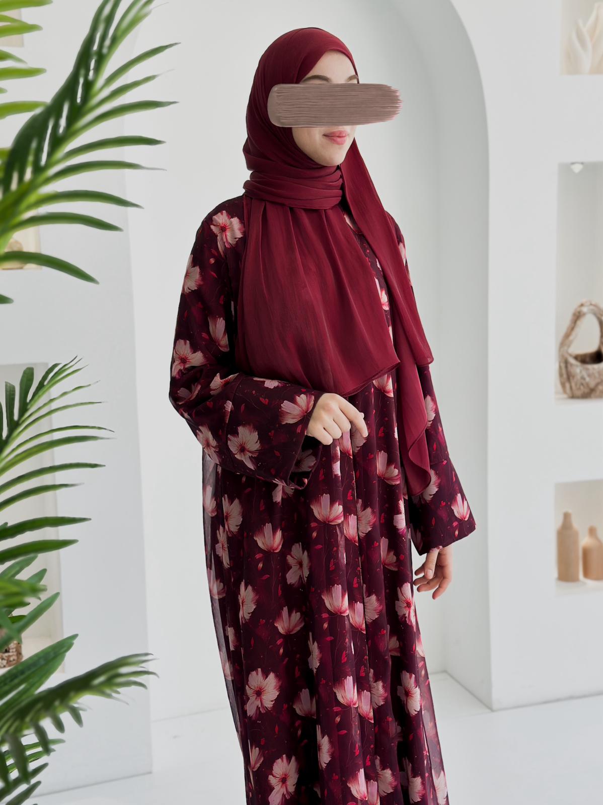 Şifon Desenli Abaya +Şal +Düz Şal Bordo ÖN SİPARİŞ ÜRÜNÜMÜZDÜR