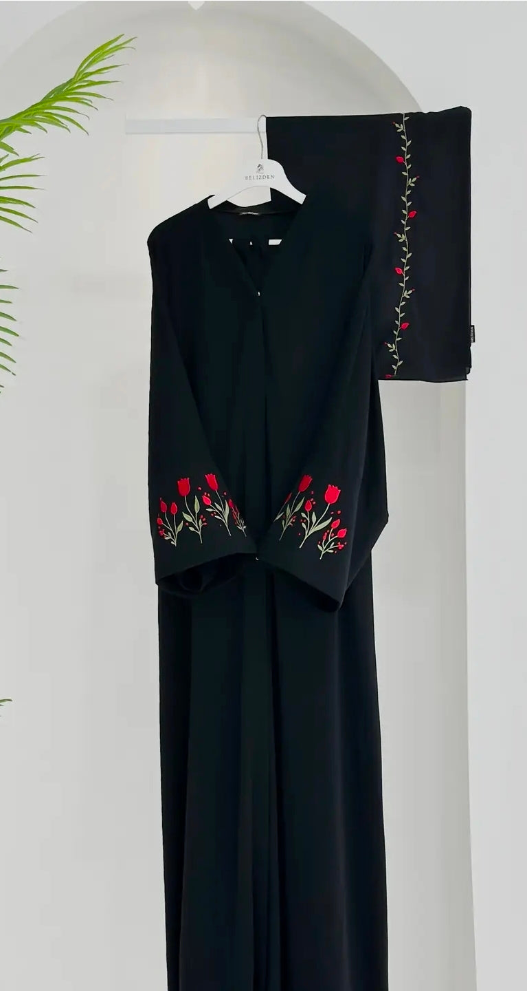 Lale Nakışlı Abaya +Şal Kırmızı Lale ÖN SİPARİŞ ÜRÜNÜMÜZDÜR