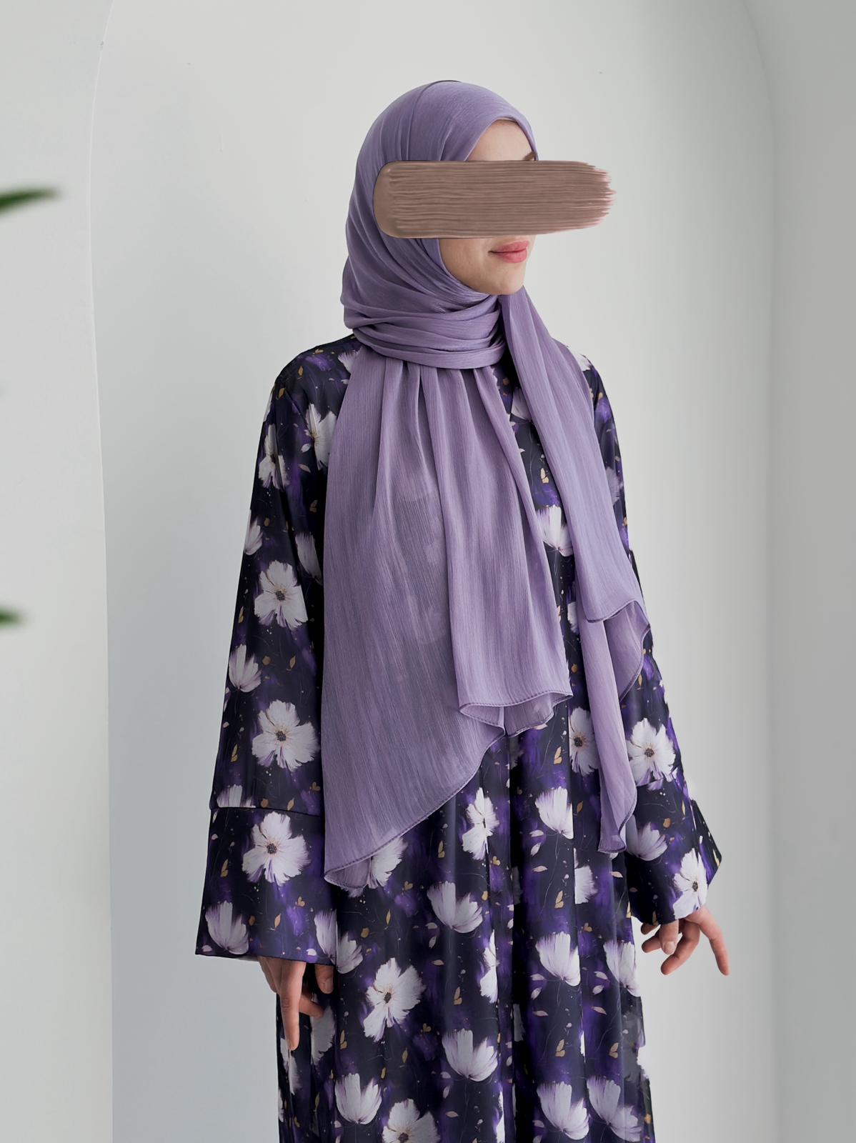Şifon Desenli Tek Abaya +Şal +Düz Şal Lila ÖN SİPARİŞ ÜRÜNÜMÜZDÜR