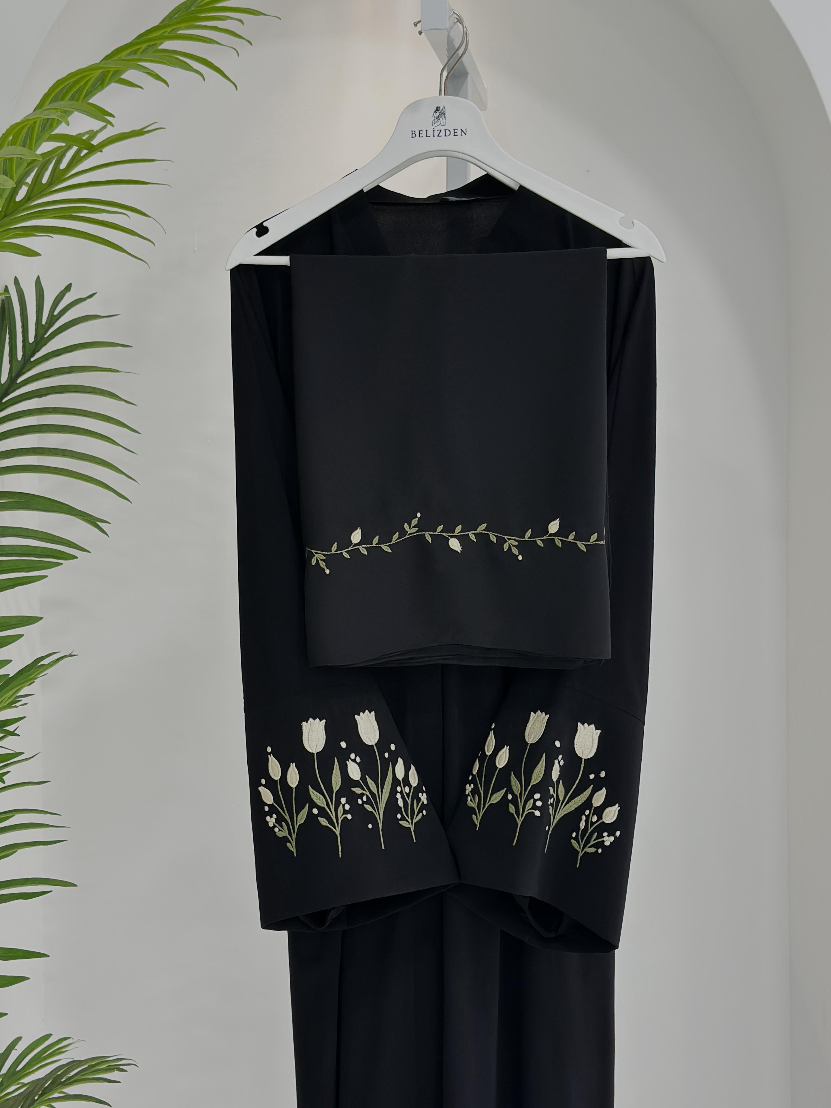 Lale Nakışlı Abaya +Şal Bej