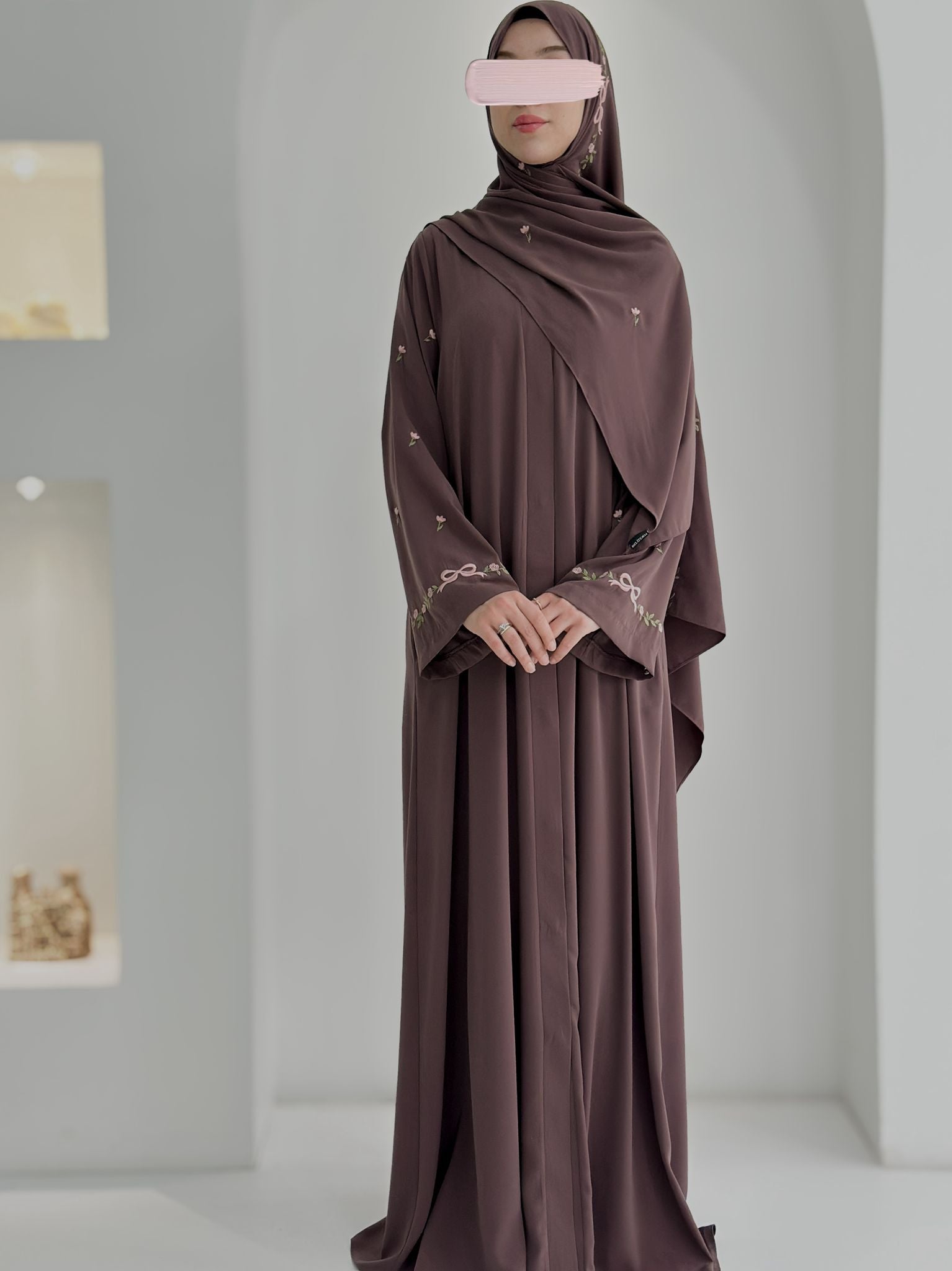Lavin Nakış Abaya +Şal Koyu Kül