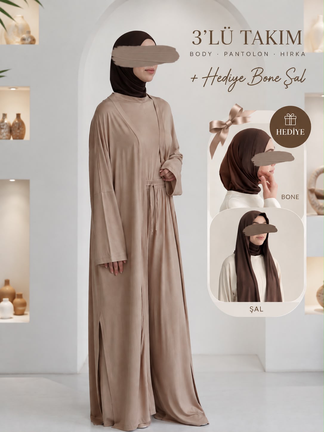 3 lü Bambu Viskon Takım Bej+Bambu Form Boneli Şal ÖN SİPARİŞ ÜRÜNÜMÜZDÜR
