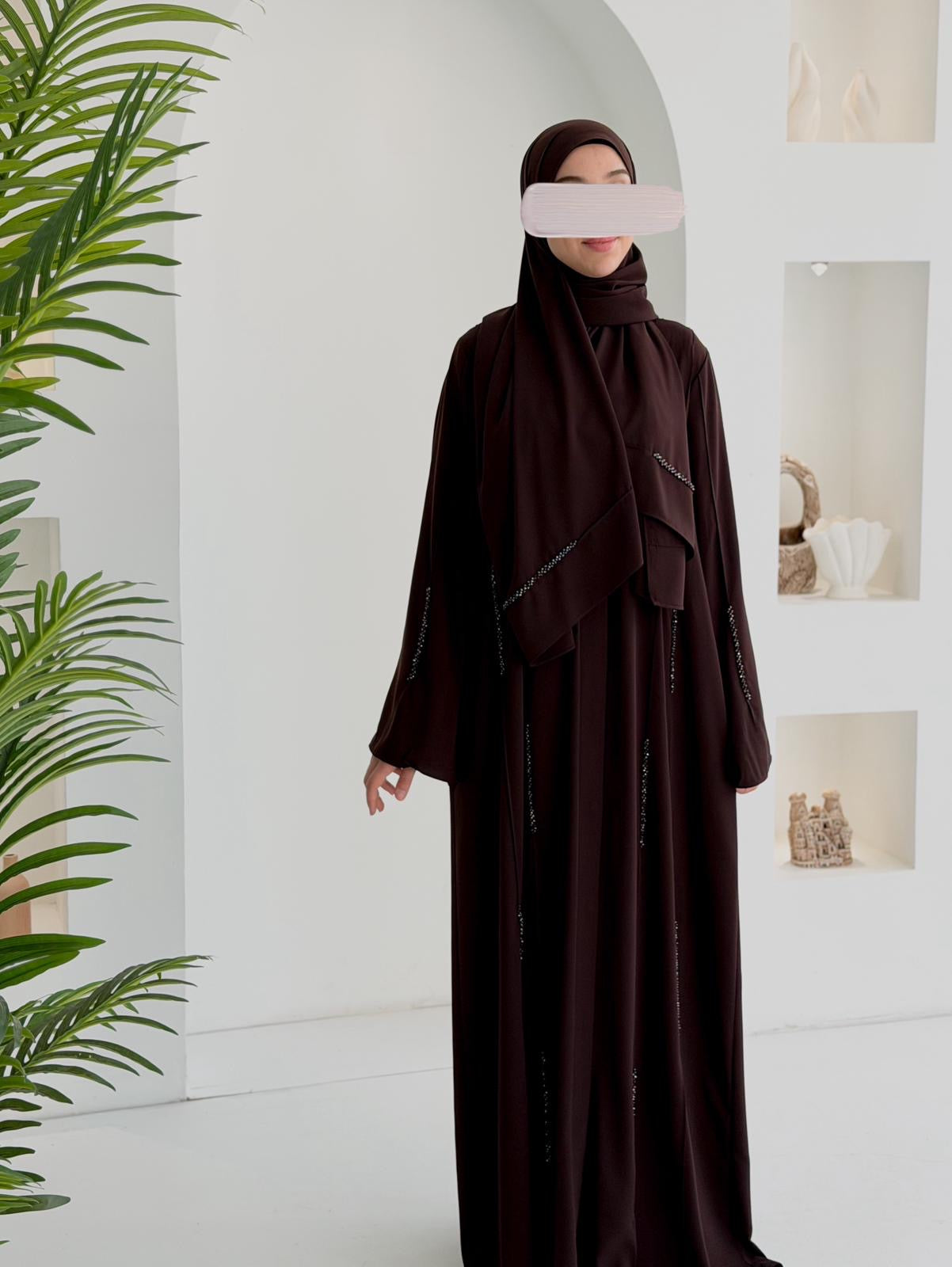 Başak Premium Abaya Takım-Kahverengi
