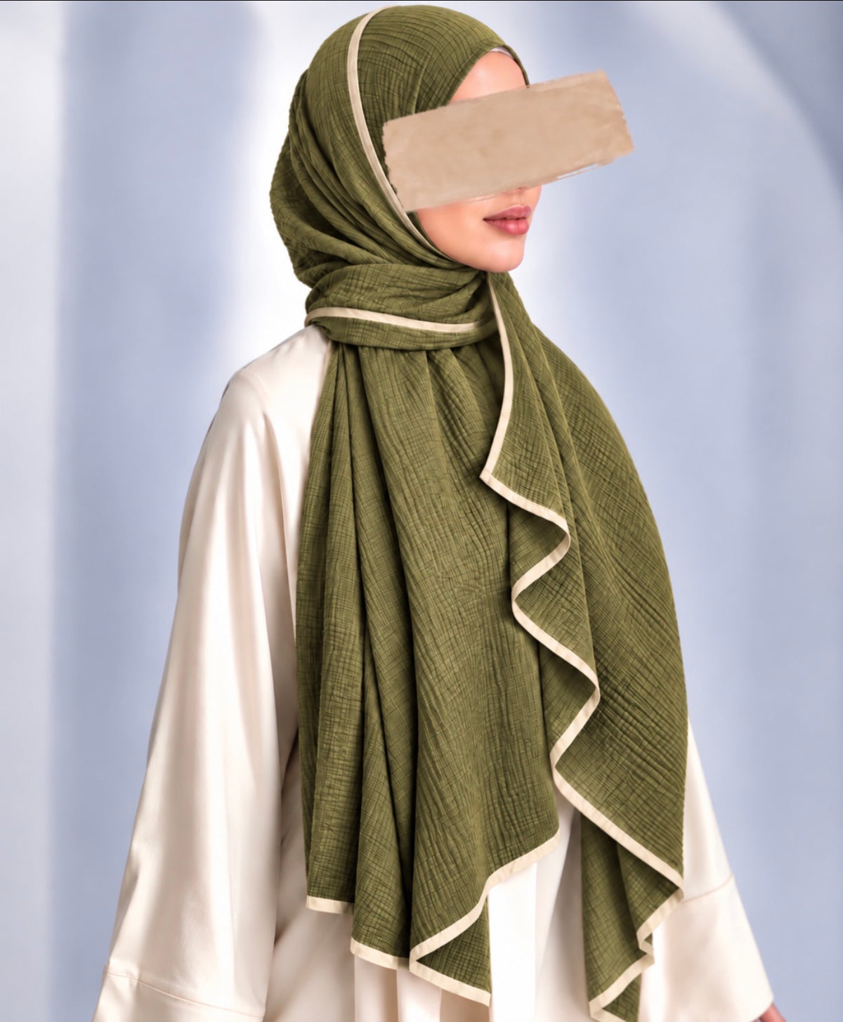 Muslin Şal Haki+ Krem Biye