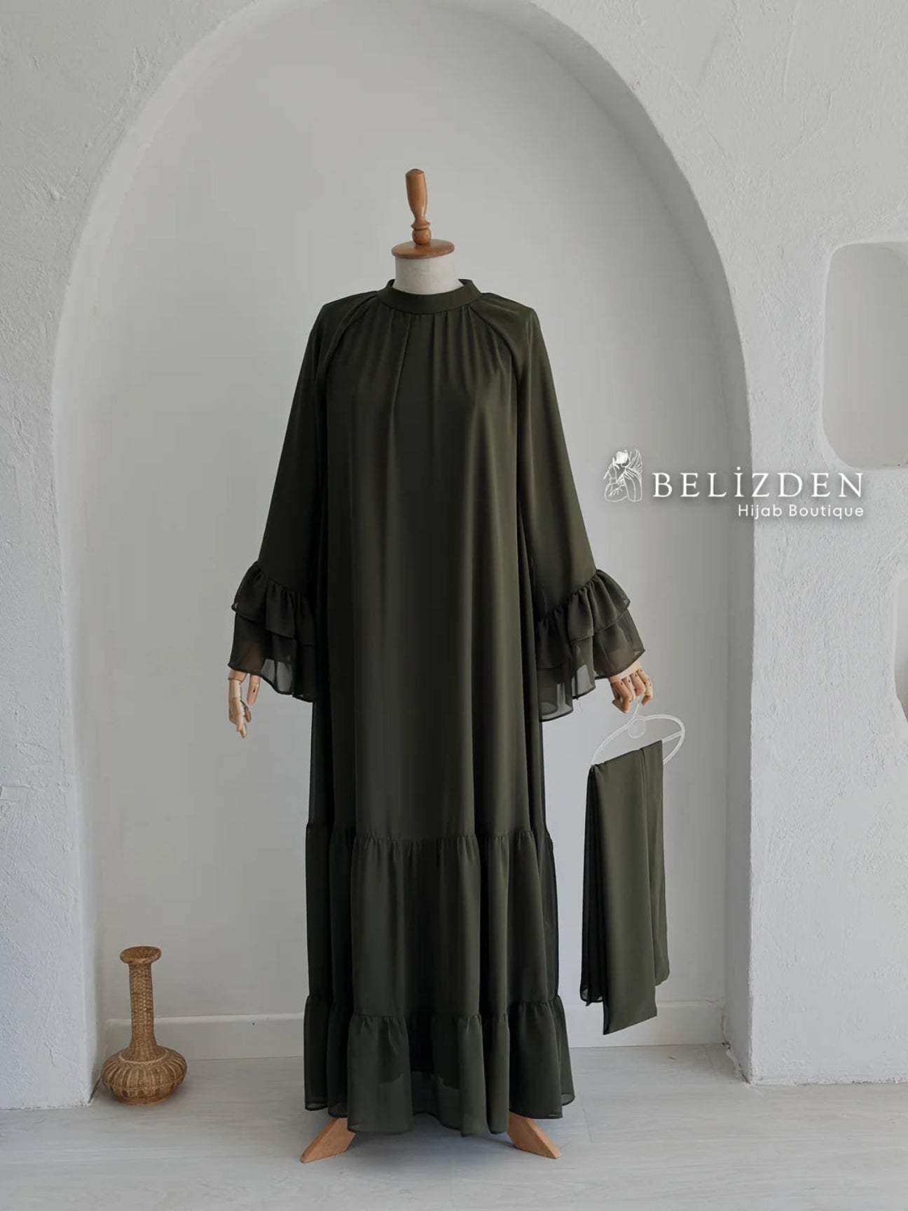 Prenses Püsküllü Şifon Haki
