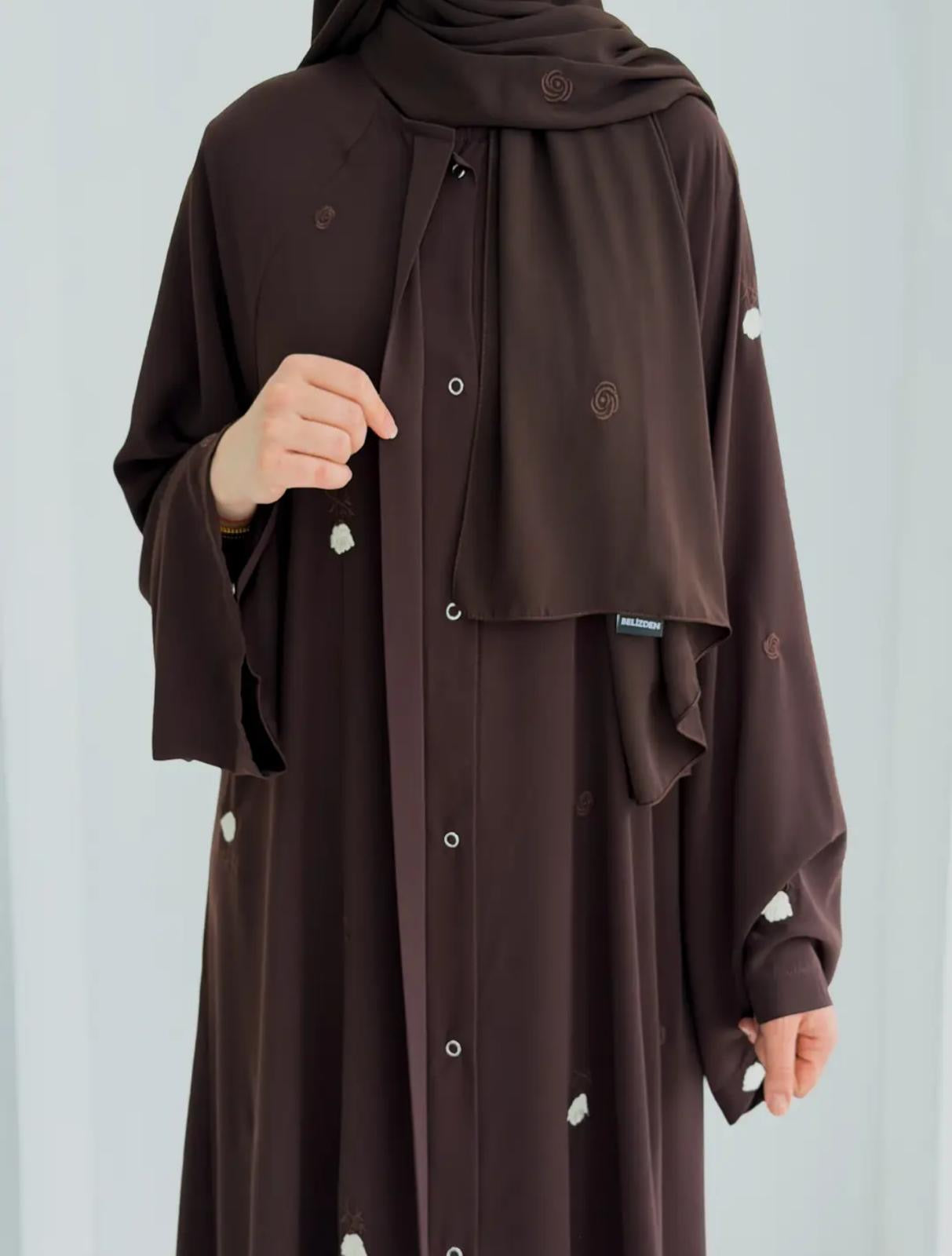 Gülce Nakışlı Abaya+Şal- Acı kahve Gül ÖN SİPARİŞ ÜRÜNÜMÜZDÜR