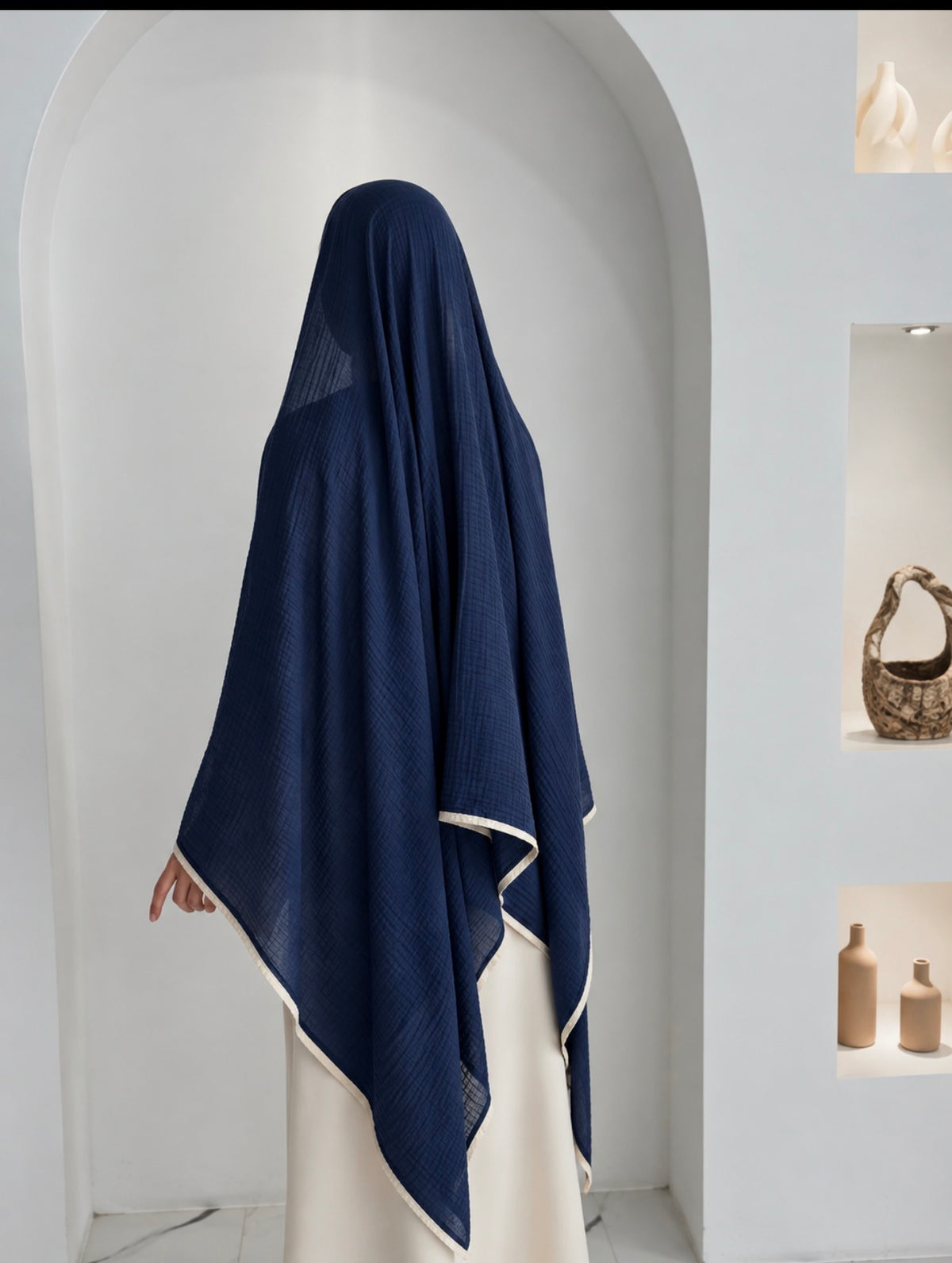 Muslin Şal Lacivert+Krem Biye