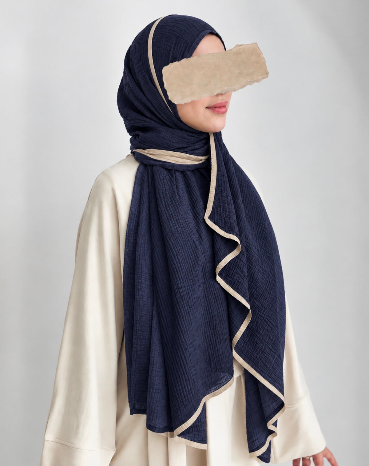 Muslin Şal Lacivert+Krem Biye