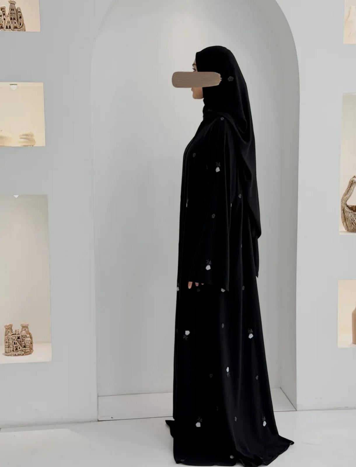 Gülce Nakışlı Abaya+Şal-Gül Rokoko Siyah