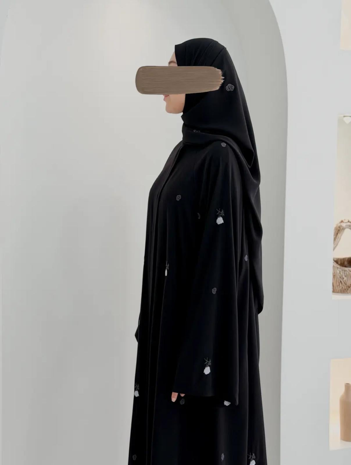Gülce Nakışlı Abaya+Şal-Gül Rokoko Siyah