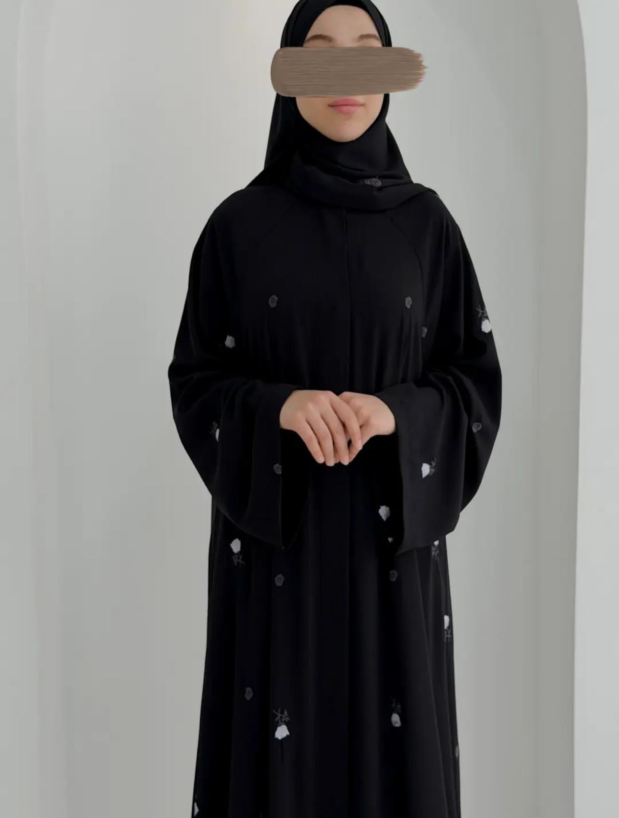 Gülce Nakışlı Abaya+Şal-Gül Rokoko Siyah