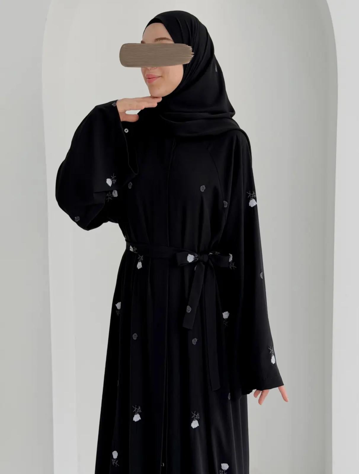 Gülce Nakışlı Abaya+Şal-Gül Rokoko Siyah