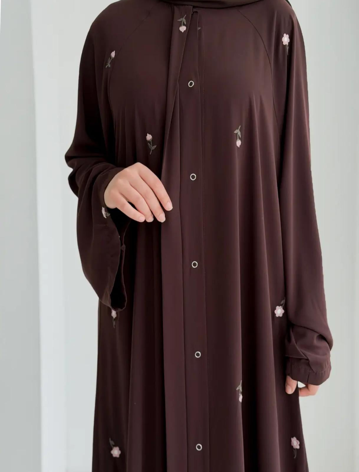 Gülce Nakışlı Abaya+Şal- Acı Kahve Lale ÖN SİPARİŞ ÜRÜNÜMÜZDÜR