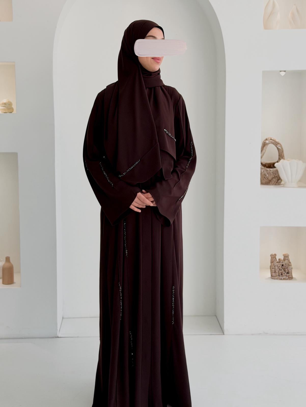 Başak Premium Abaya Takım-Kahverengi