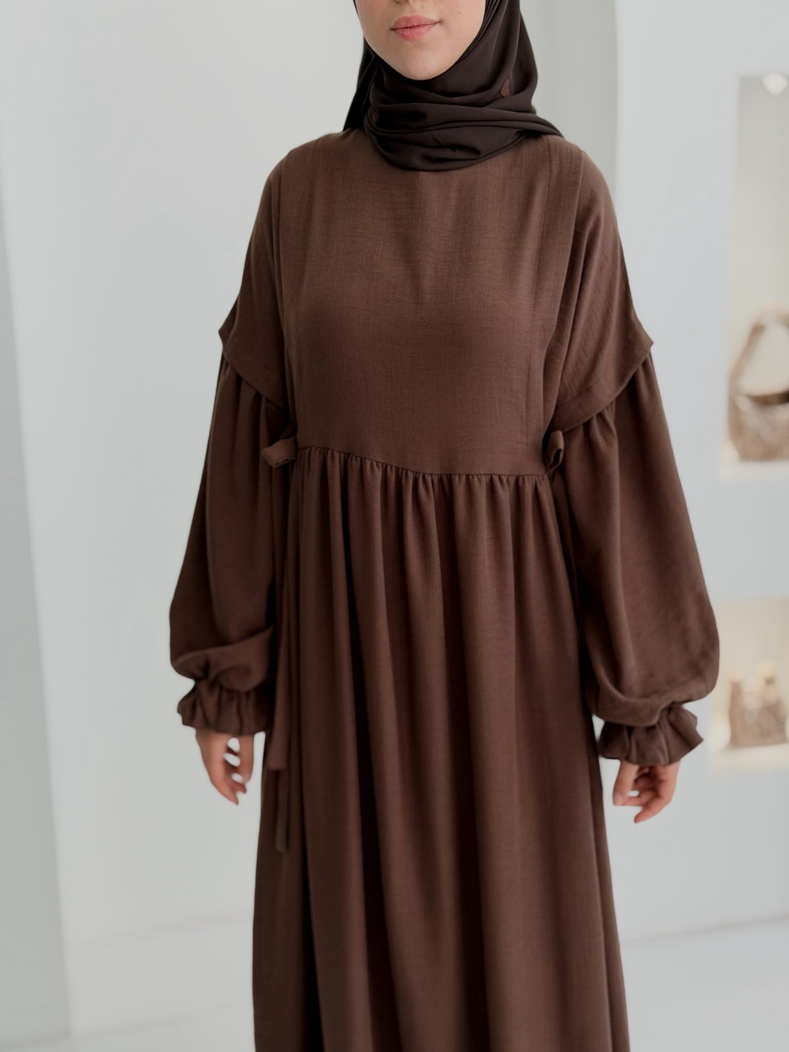 Keten Vintage Elbise Kahverengi ÖN SİPARİŞ ÜRÜNÜMÜZDÜR