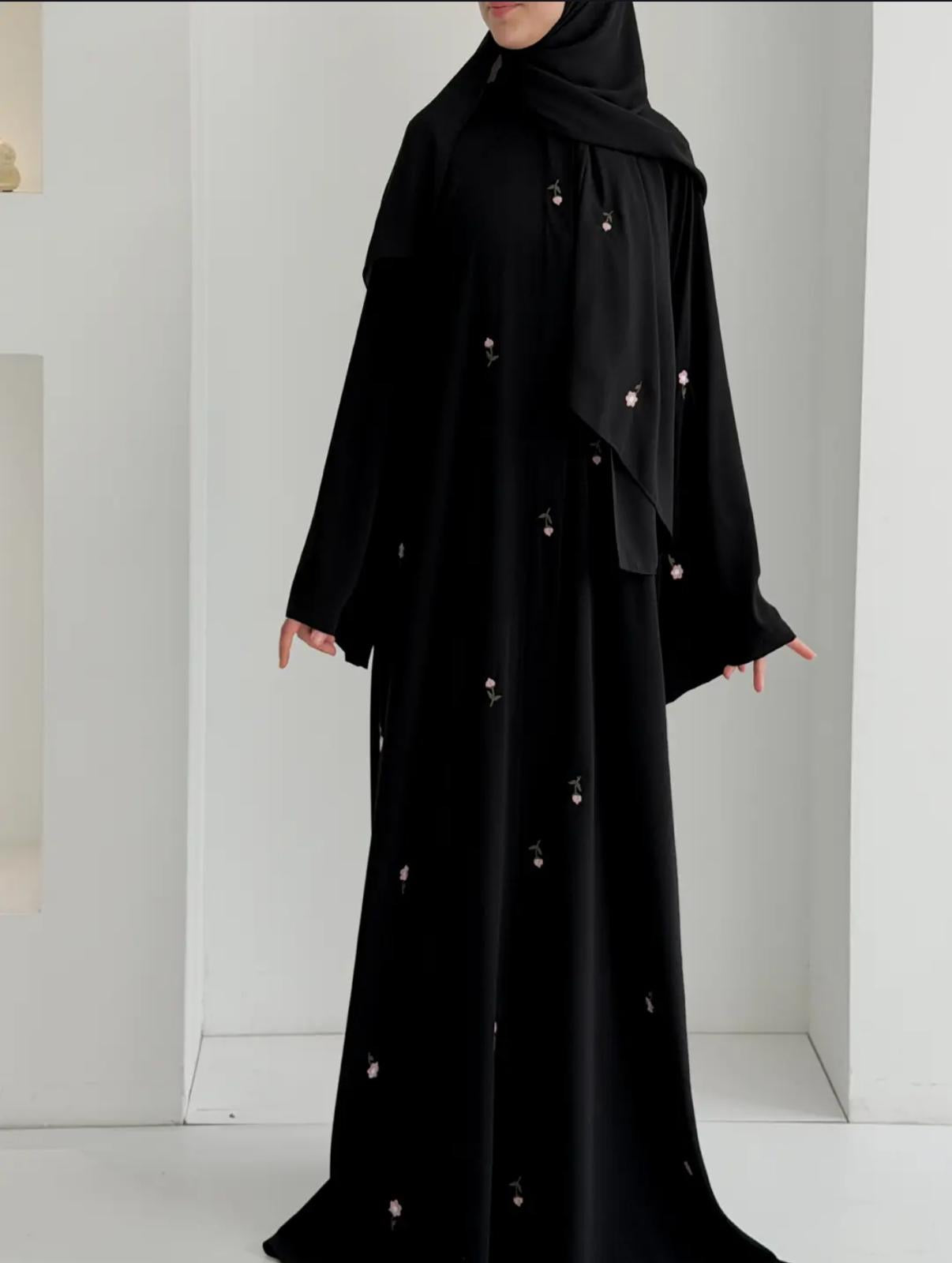 Gülce Nakışlı Abaya+Şal-Lale Siyah
