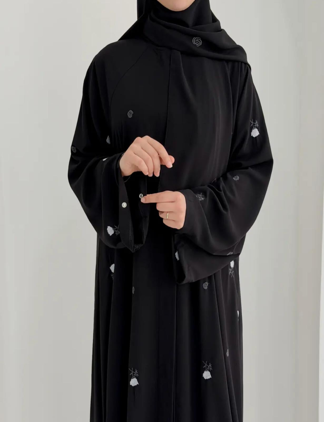 Gülce Nakışlı Abaya+Şal-Gül Rokoko Siyah