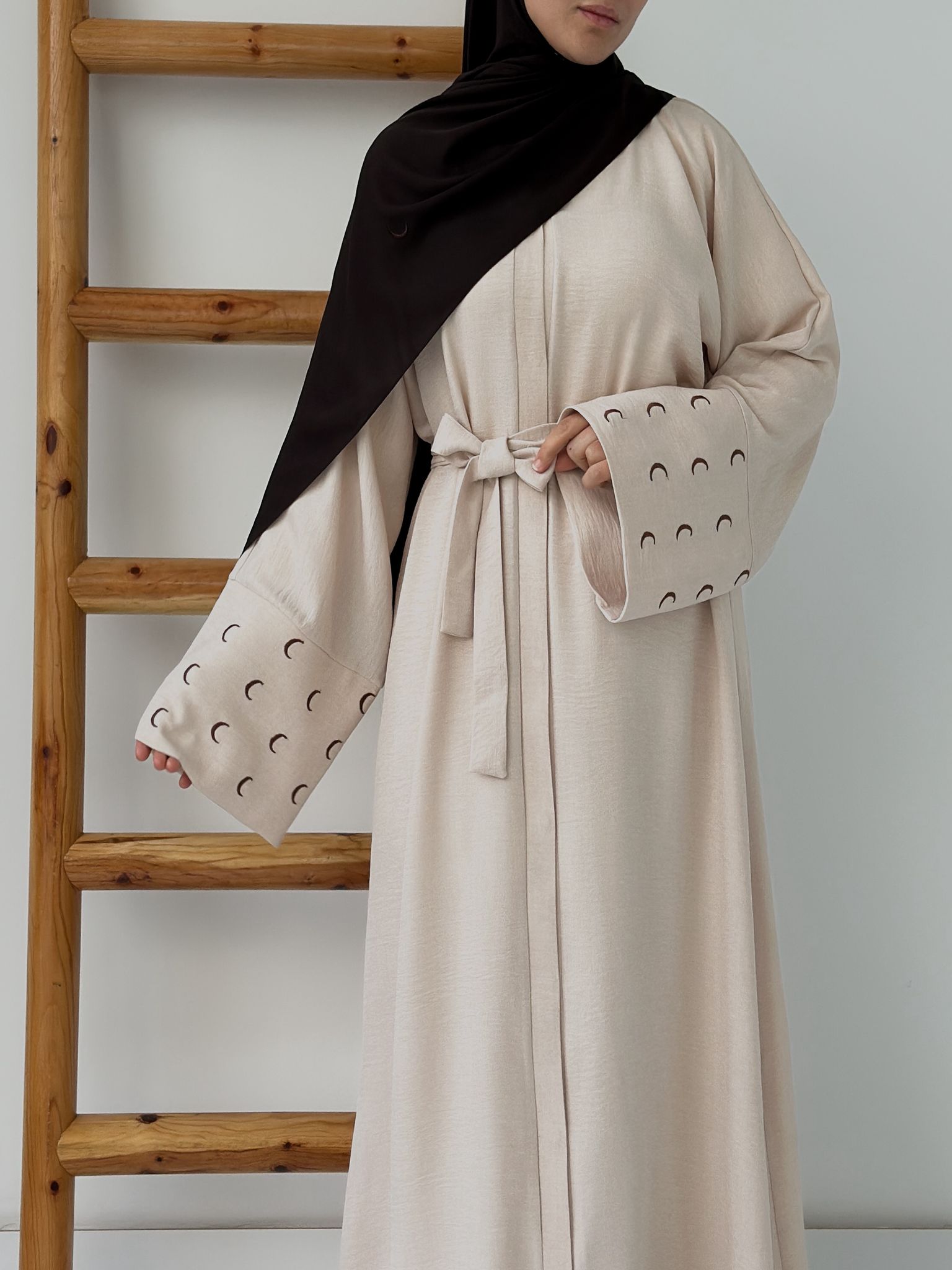 Sofya Keten Hilal Abaya (Krem+kahverengi)