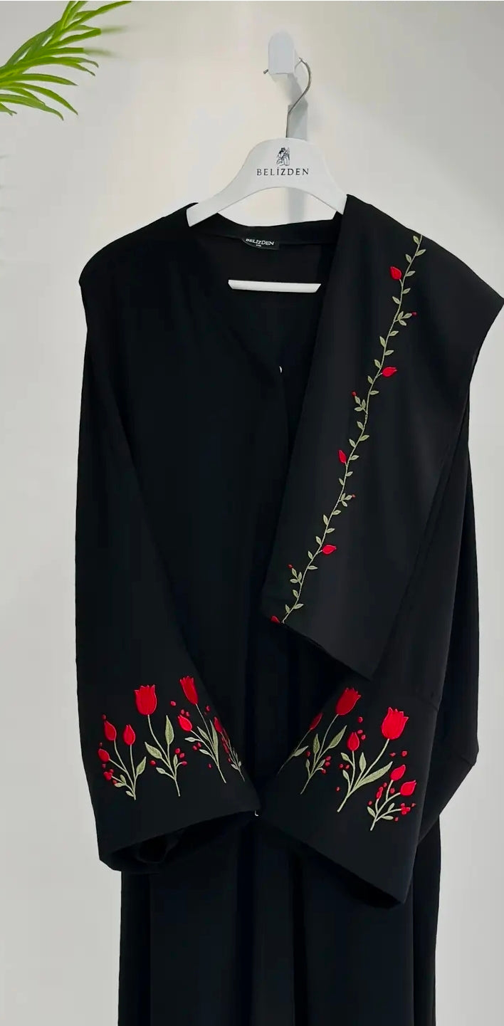 Lale Nakışlı Abaya +Şal Kırmızı Lale ÖN SİPARİŞ ÜRÜNÜMÜZDÜR