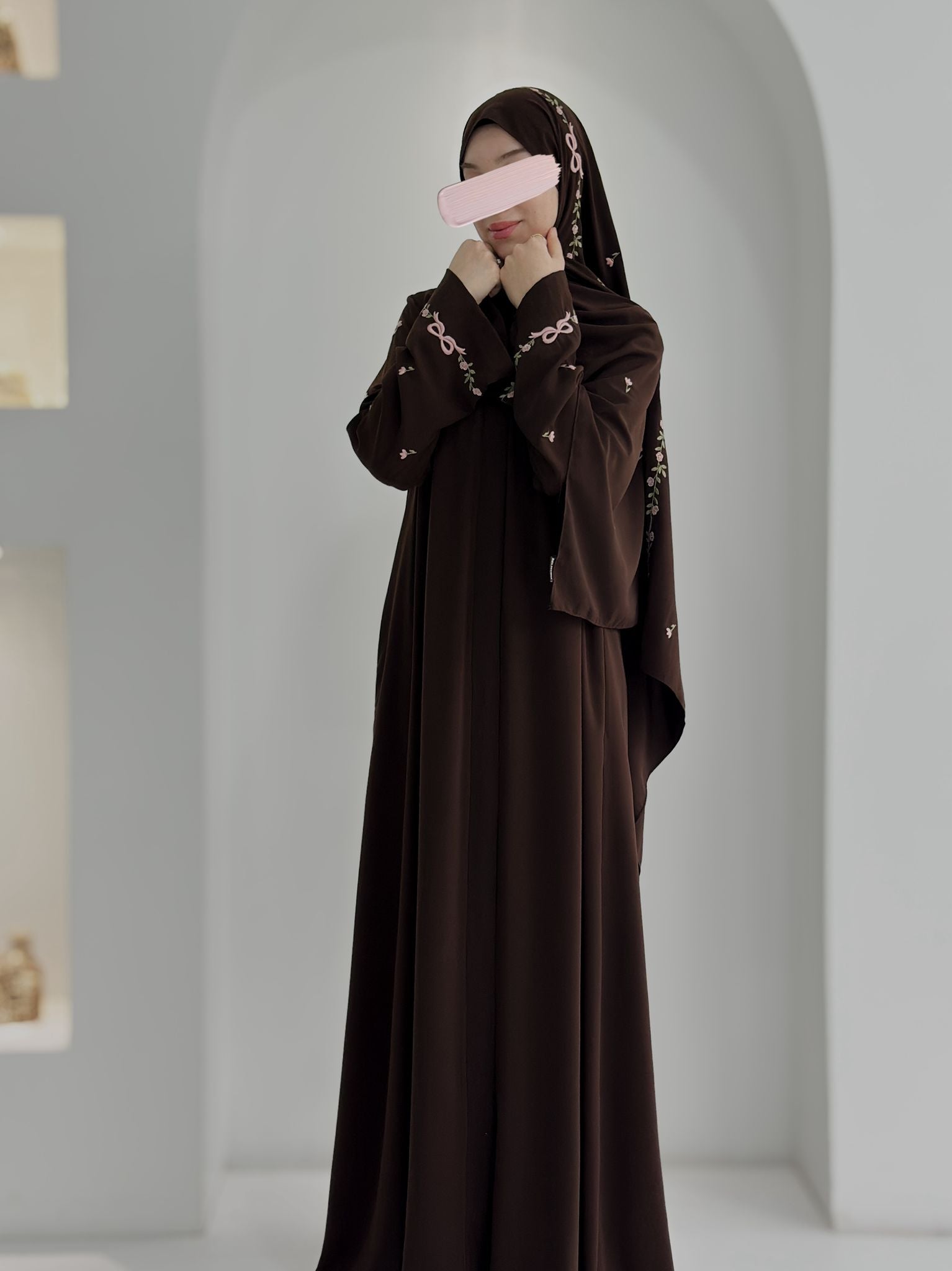 Tam Kol Nakış Abaya+Şal Acı Kahve ÖN SİPARİŞ ÜRÜNÜMÜZDÜR