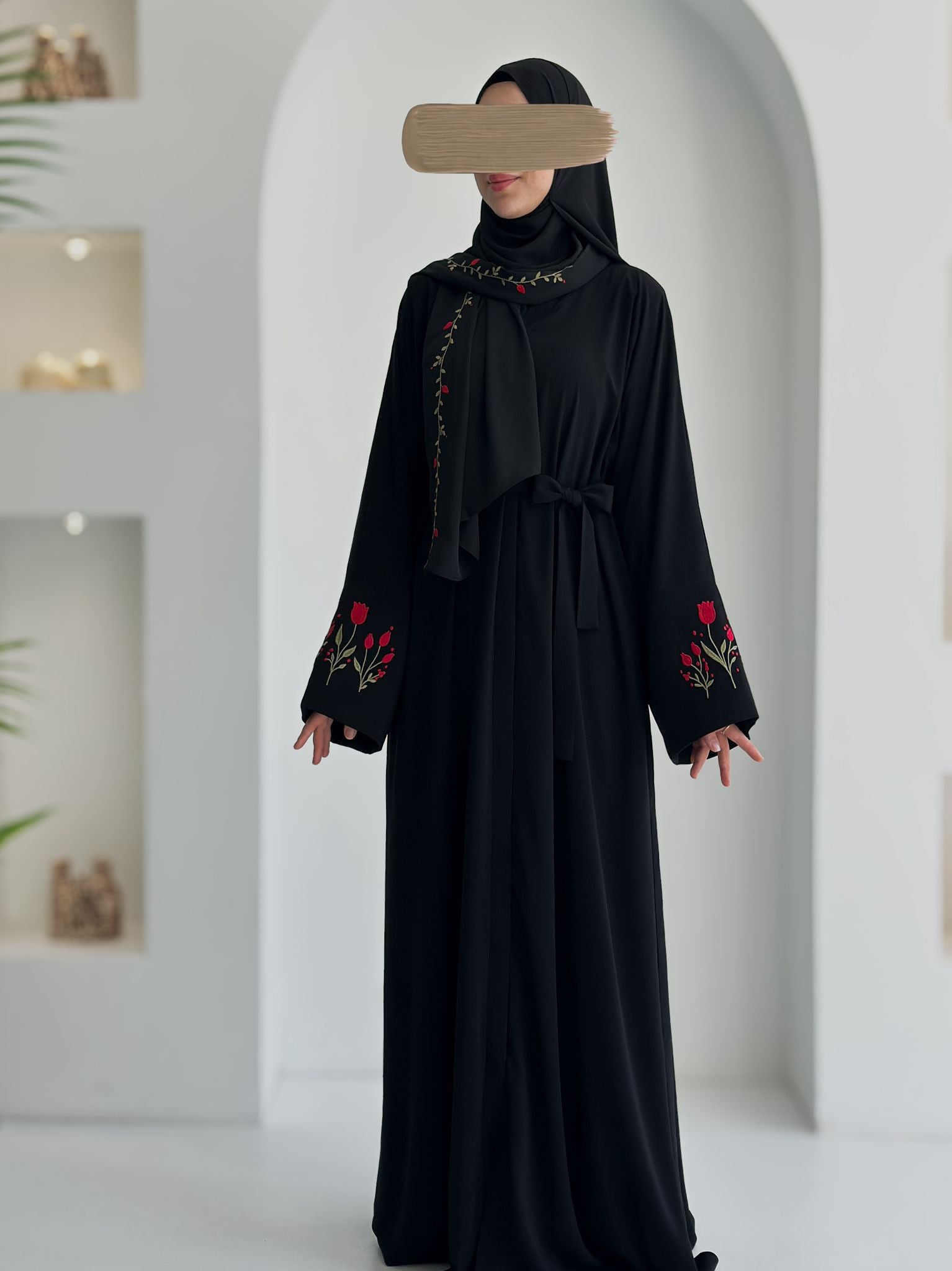 Lale Nakışlı Abaya +Şal Kırmızı Lale ÖN SİPARİŞ ÜRÜNÜMÜZDÜR