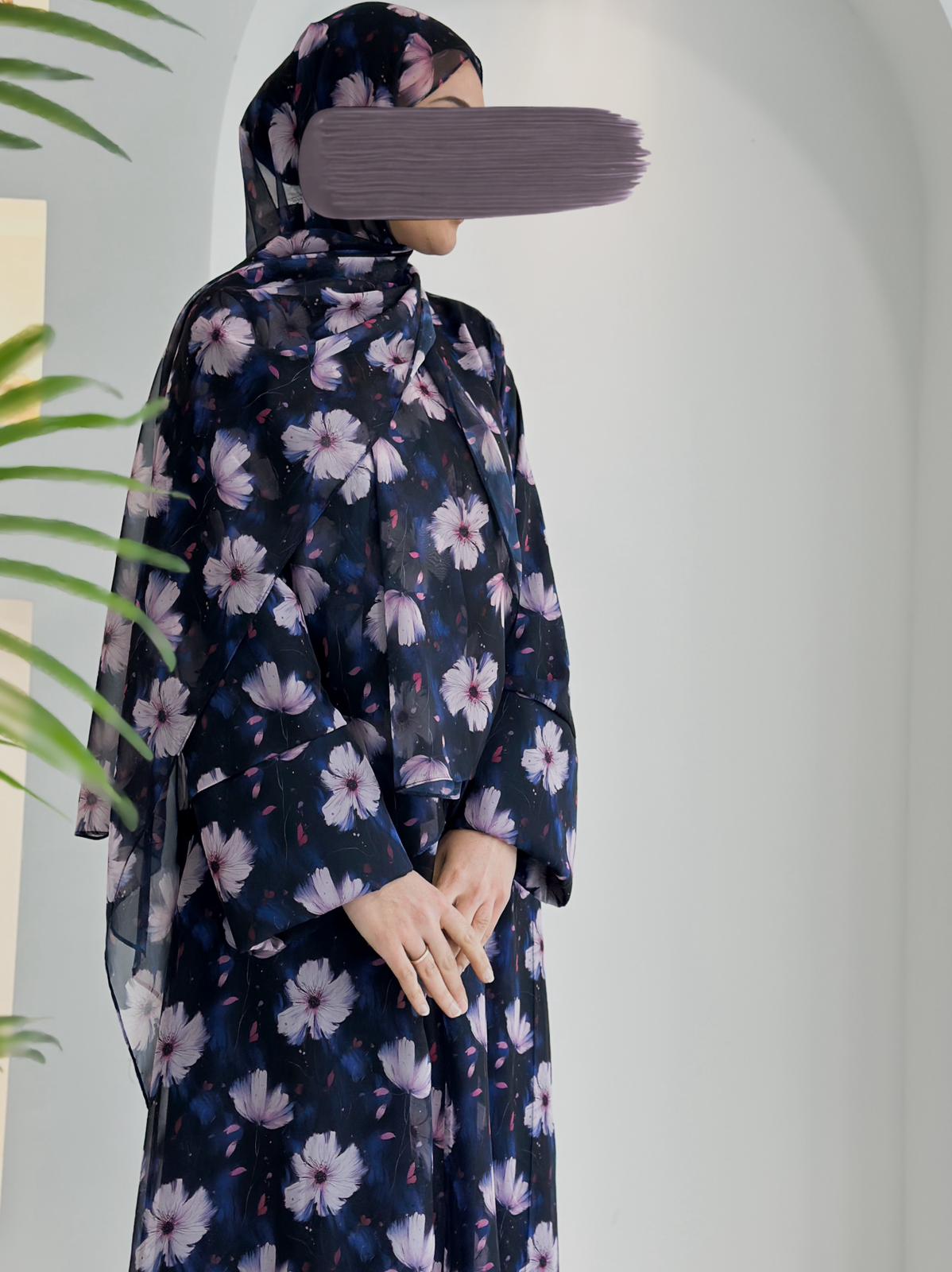 Şifon Desenli Tek Abaya+Şal +Düz Şal Lacivert ÖN SİPARİŞ ÜRÜNÜMÜZDÜR