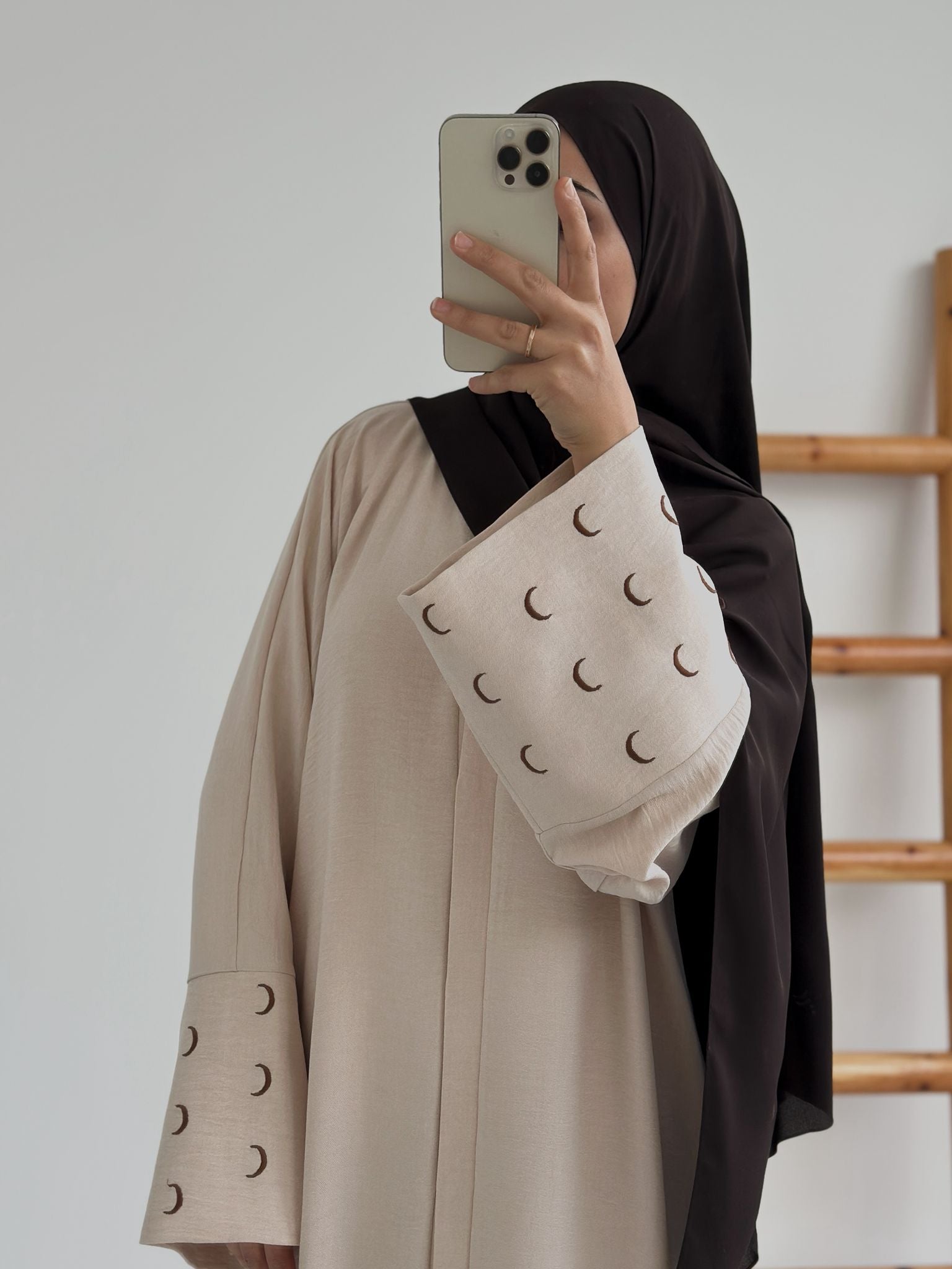 Sofya Keten Hilal Abaya (Krem+kahverengi)