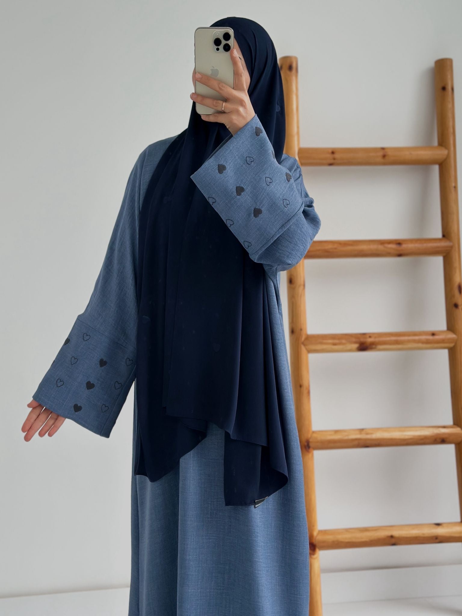 Sofya Keten Kalp Nakışlı Elbise(Mavi+Koyu Mavi)