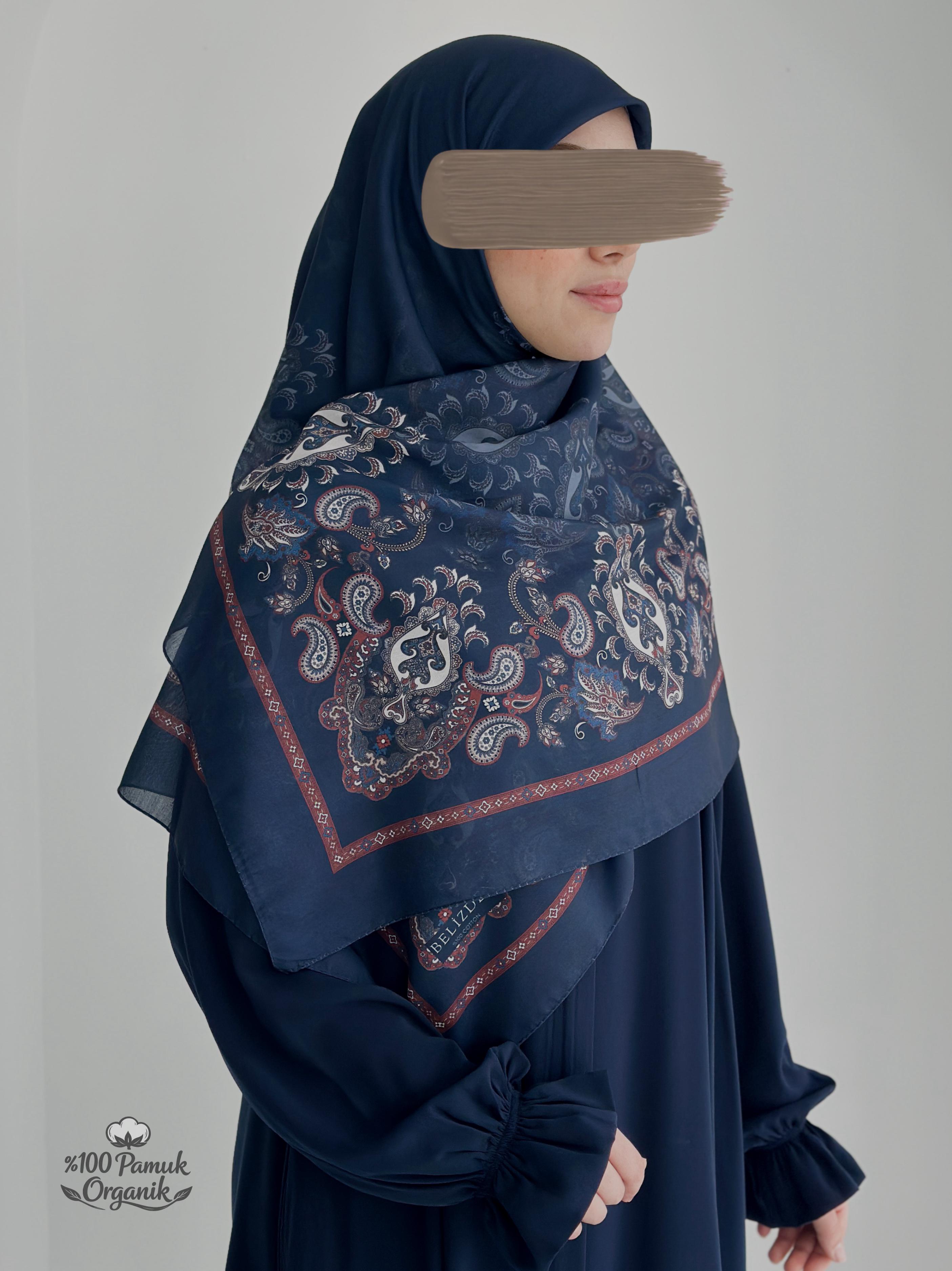 Etnik Desen Organik Eşarp Lacivert ÖN SİPARİŞ ÜRÜNÜMÜZDÜR