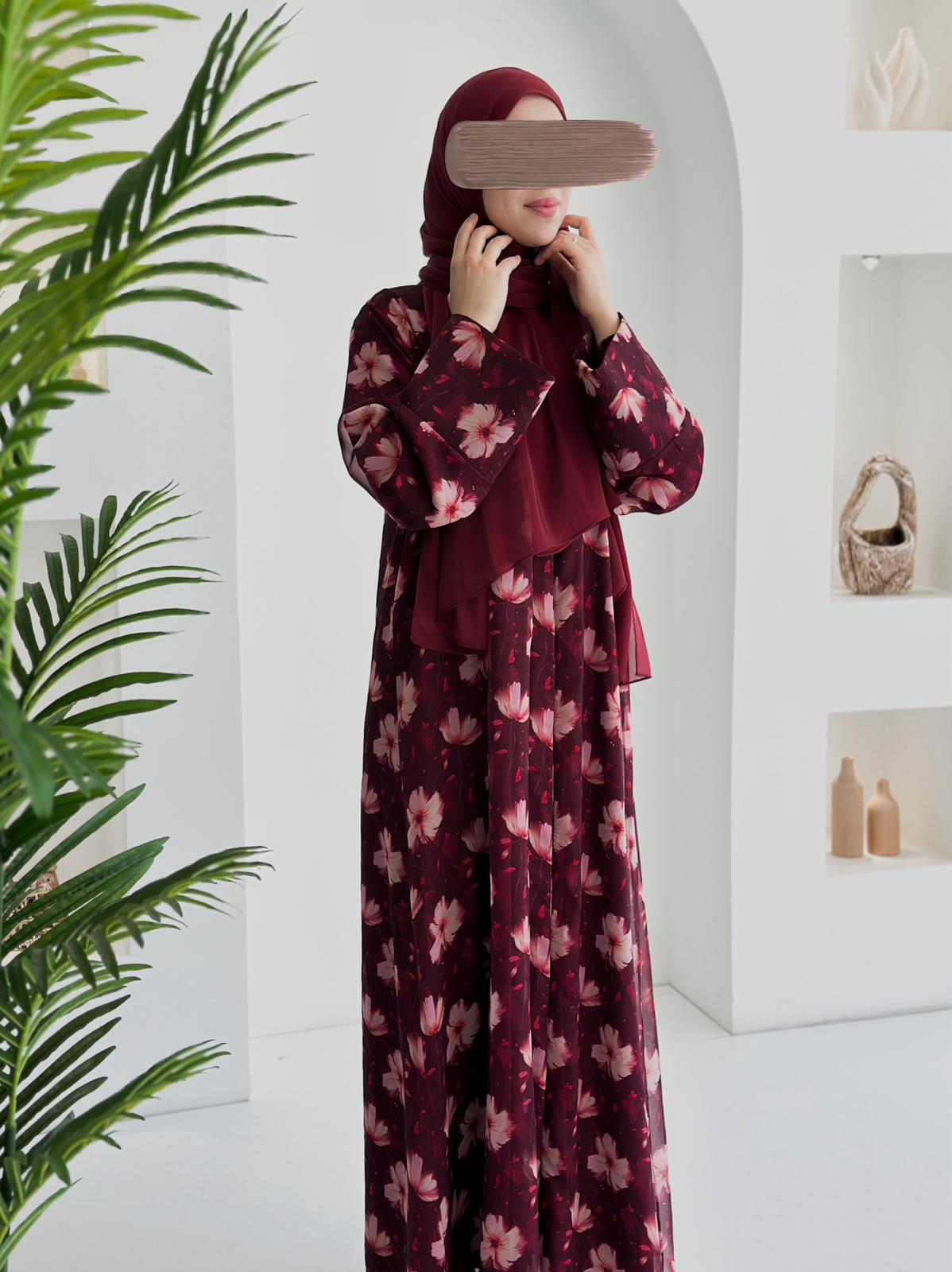 Şifon Desenli Abaya +Şal +Düz Şal Bordo ÖN SİPARİŞ ÜRÜNÜMÜZDÜR