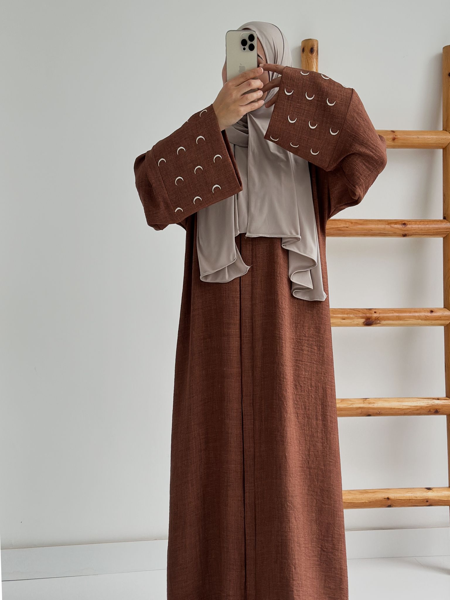 Sofya Keten Hilal Abaya (Kahverengi +Taş)
