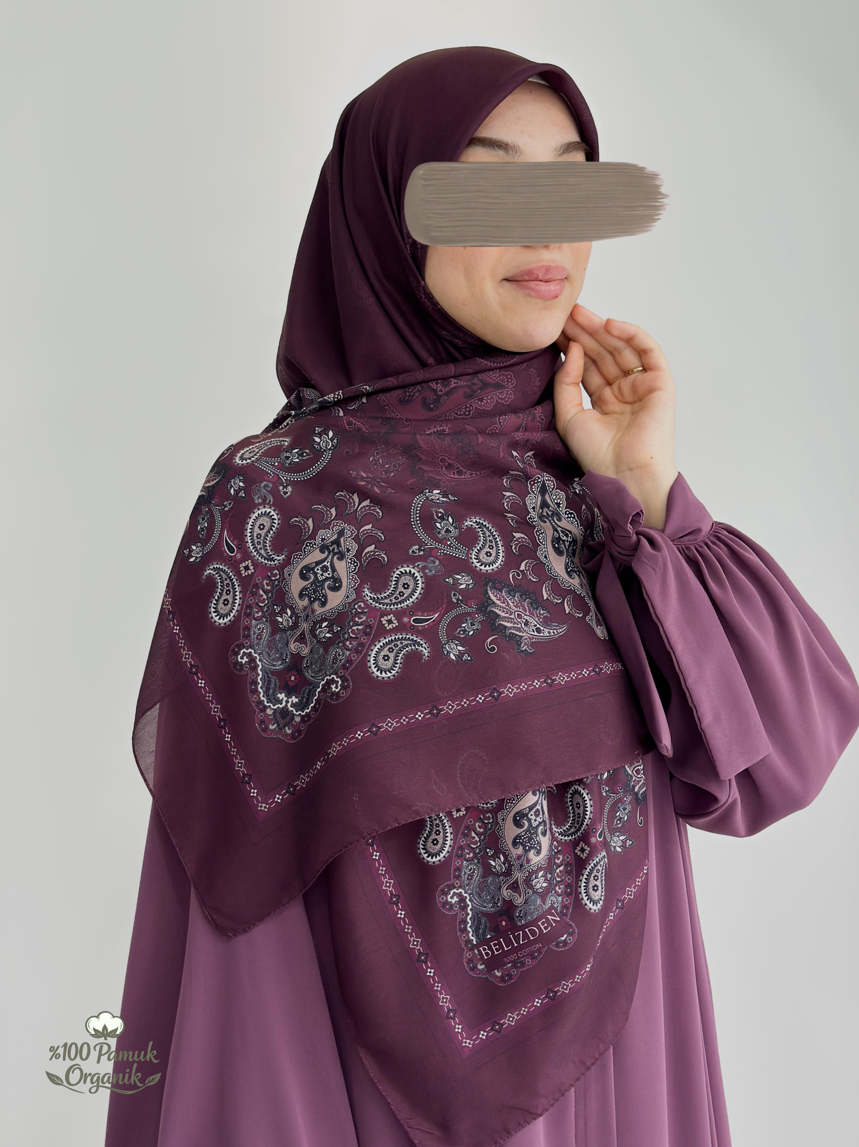 Etnik Desen Organik Eşarp Mürdüm ÖN SİPARİŞ ÜRÜNÜMÜZDÜR