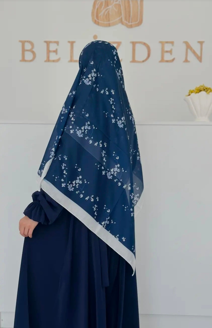 Tomurcuk Desen Organik Eşarp Lacivert