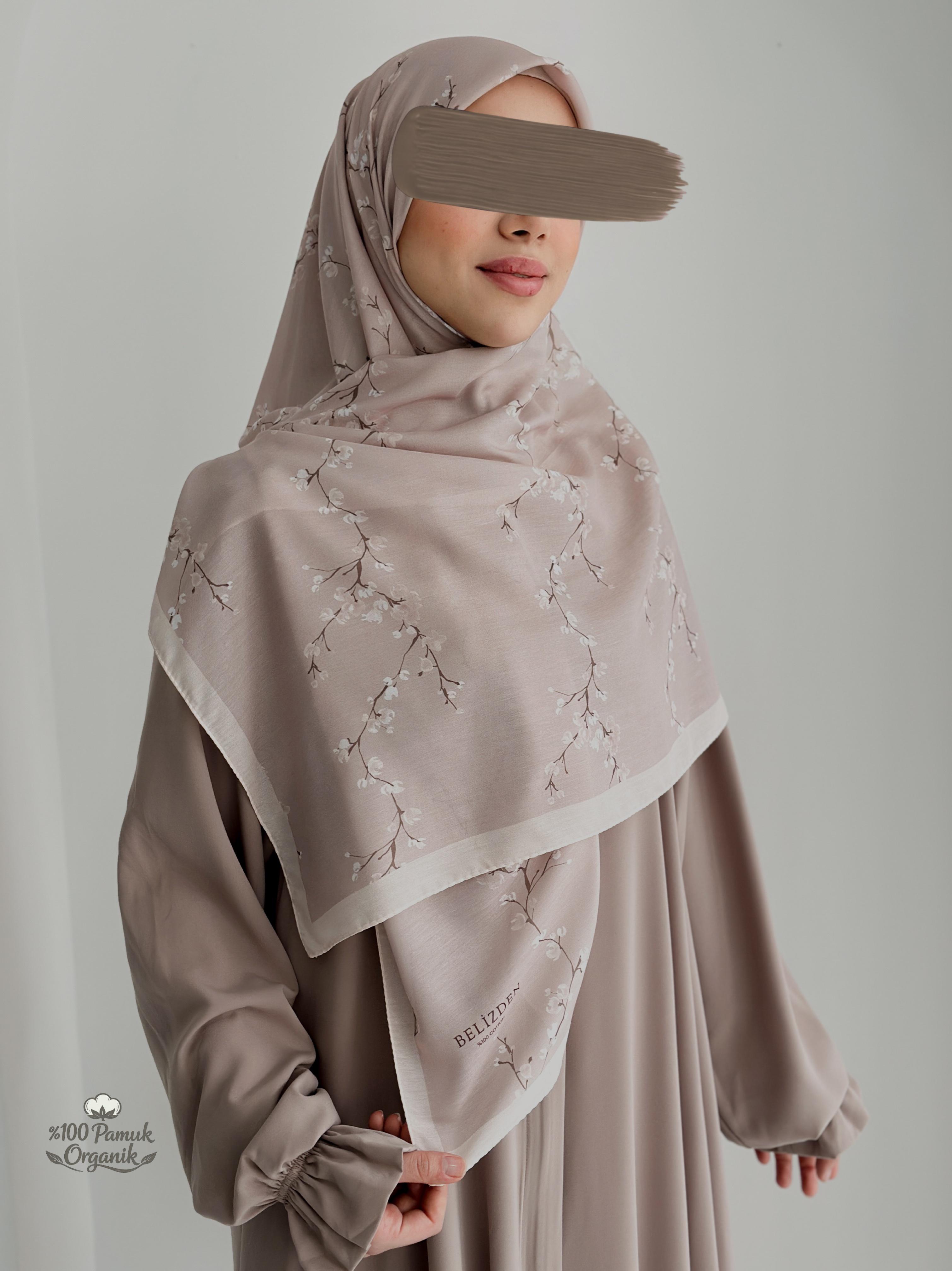 Tomurcuk Desen Organik Eşarp Vizon ÖN SİPARİŞ ÜRÜNÜMÜZDÜR