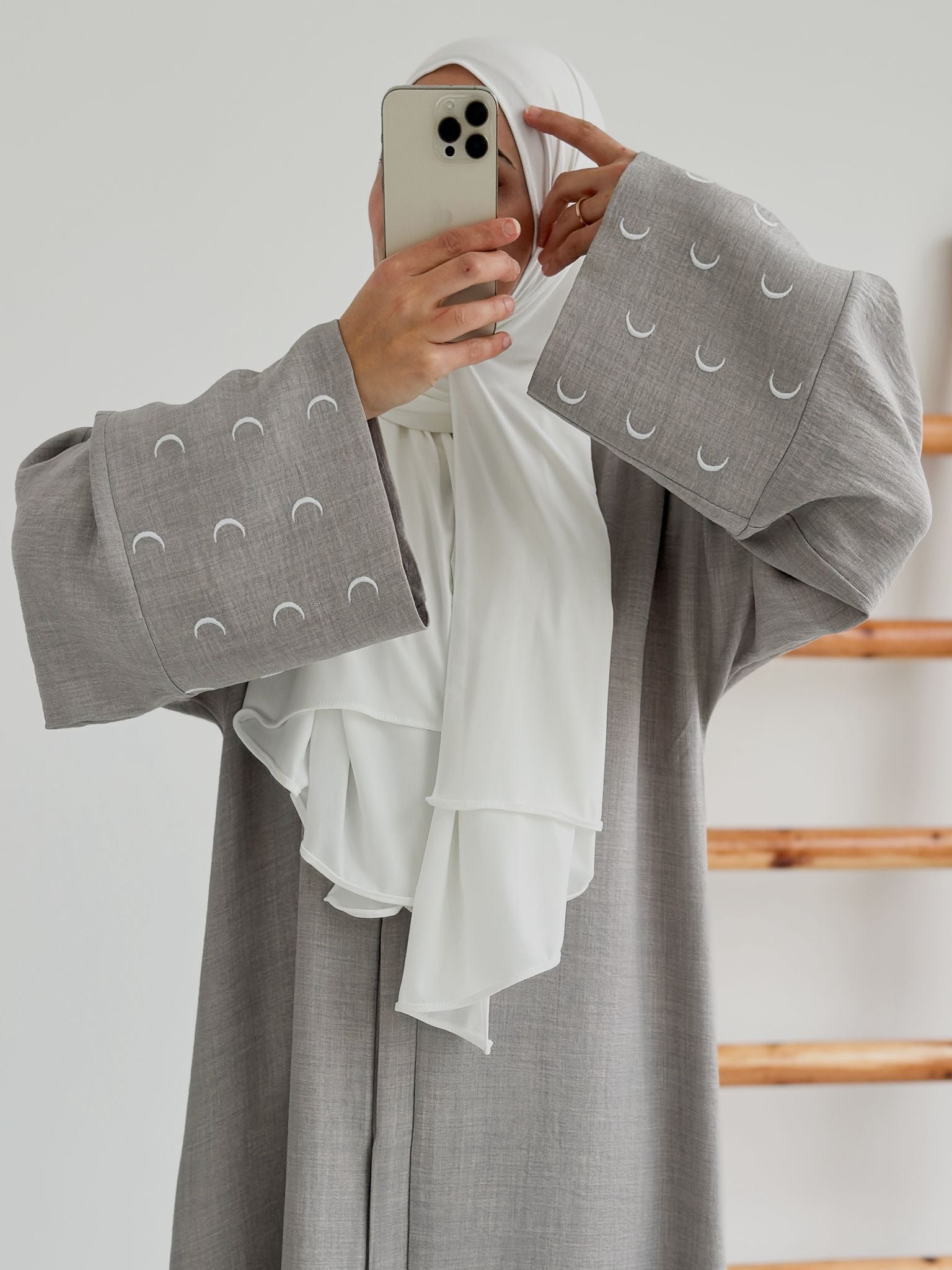 Sofya Keten Hilal Abaya Şalsız (Gri+Beyaz)