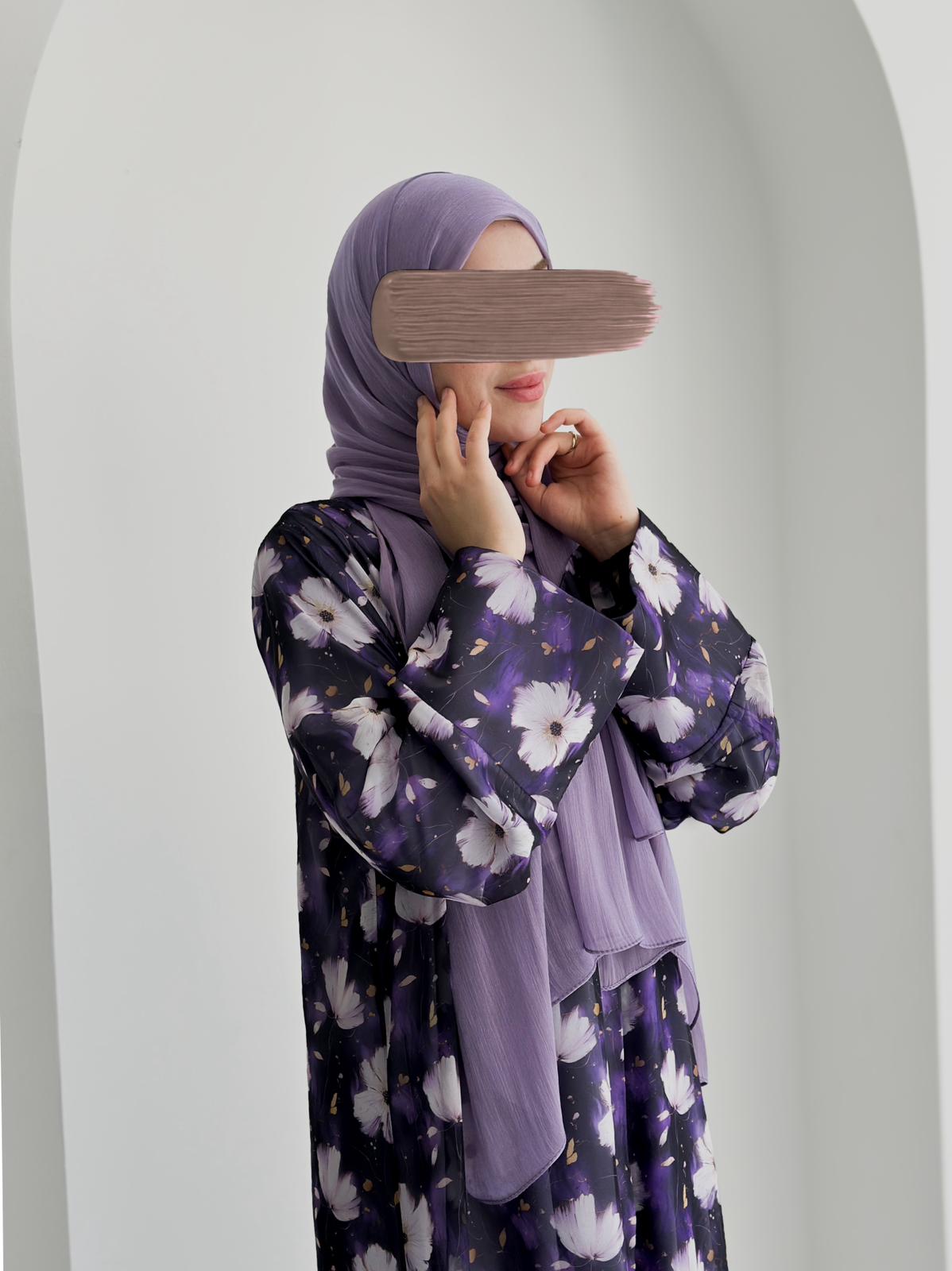 Şifon Desenli Tek Abaya +Şal +Düz Şal Lila ÖN SİPARİŞ ÜRÜNÜMÜZDÜR