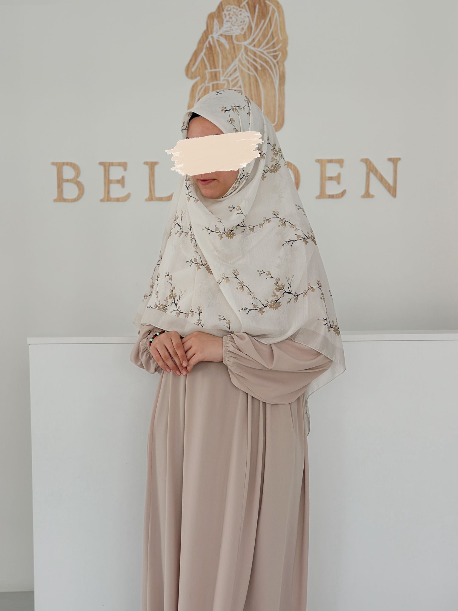 Tomurcuk Desen Organik Eşarp Bej ÖN SİPARİŞ ÜRÜNÜMÜZDÜR