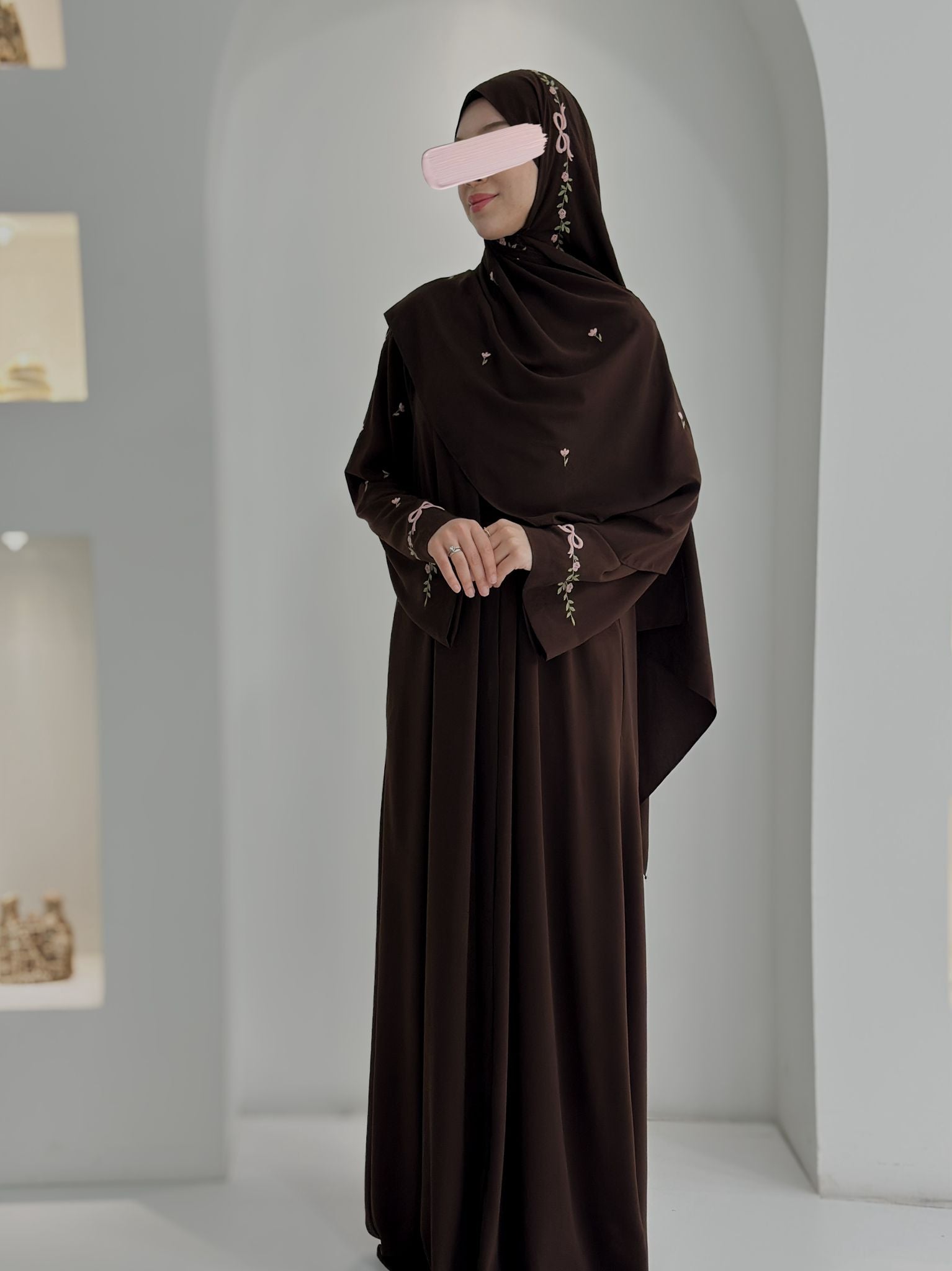 Tam Kol Nakış Abaya+Şal Acı Kahve ÖN SİPARİŞ ÜRÜNÜMÜZDÜR