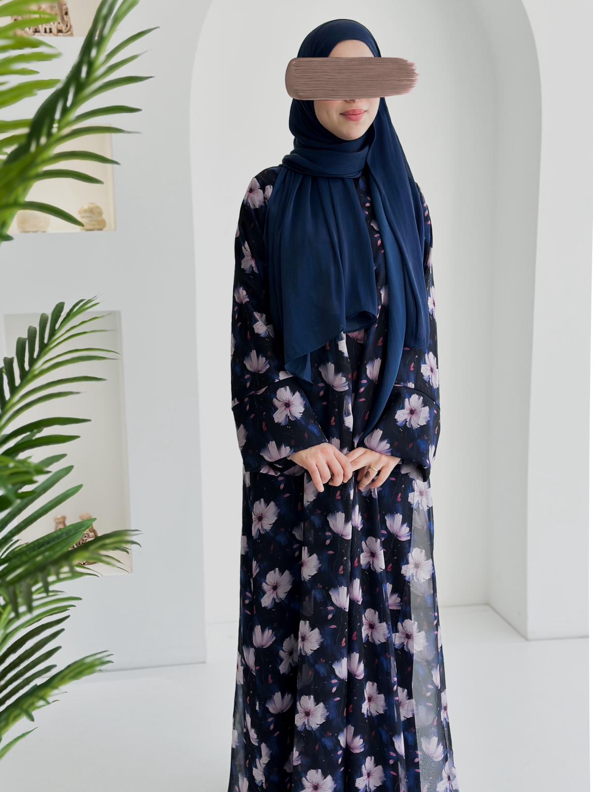 Şifon Desenli Tek Abaya+Şal +Düz Şal Lacivert ÖN SİPARİŞ ÜRÜNÜMÜZDÜR
