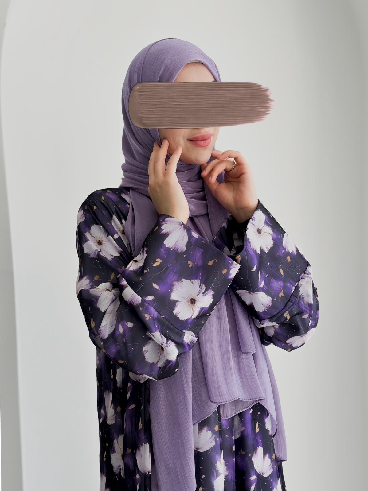 Şifon Desenli Tek Abaya +Şal +Düz Şal Lila ÖN SİPARİŞ ÜRÜNÜMÜZDÜR